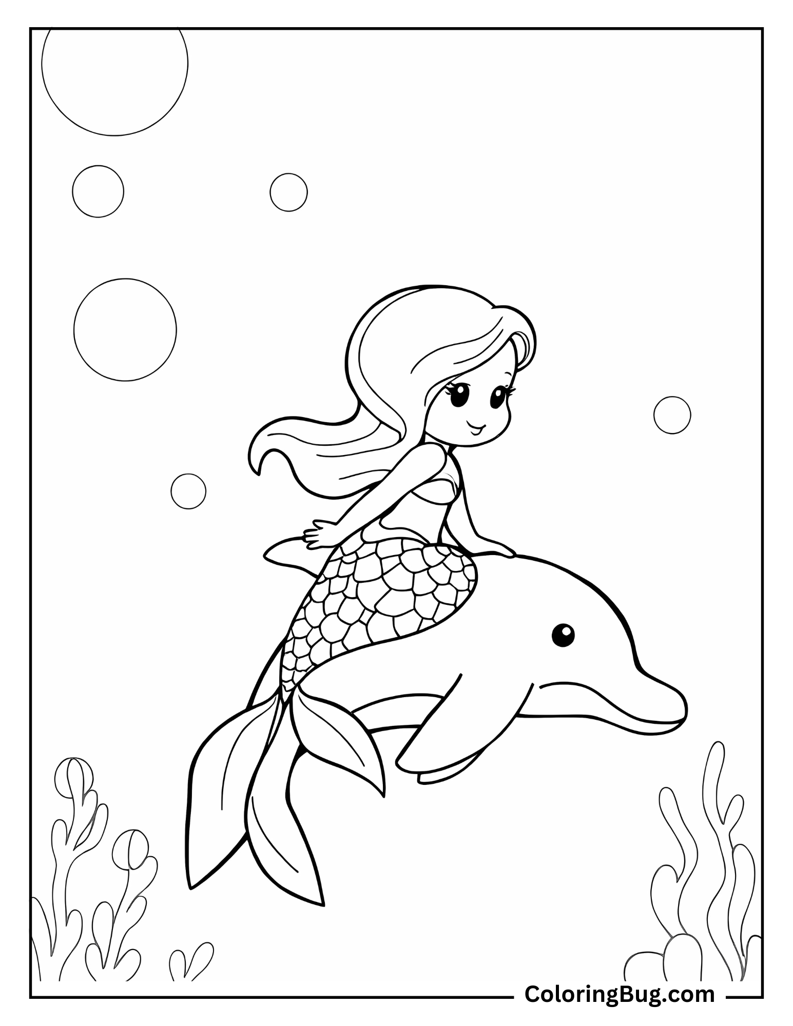 Cute Mermaid Riding on Dolphin's Back Coloring Sheet