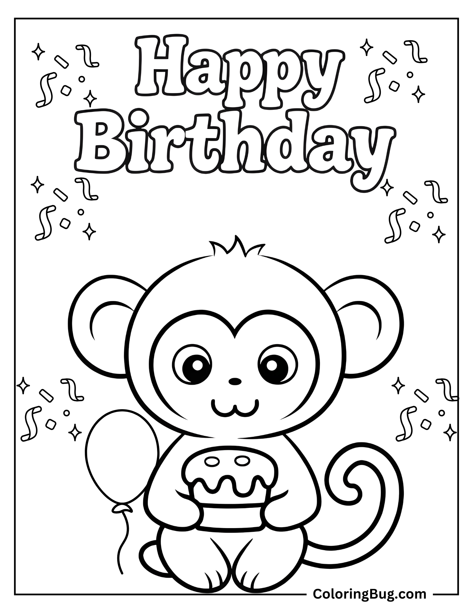 Cute Monkey Holding Cake Coloring Sheet