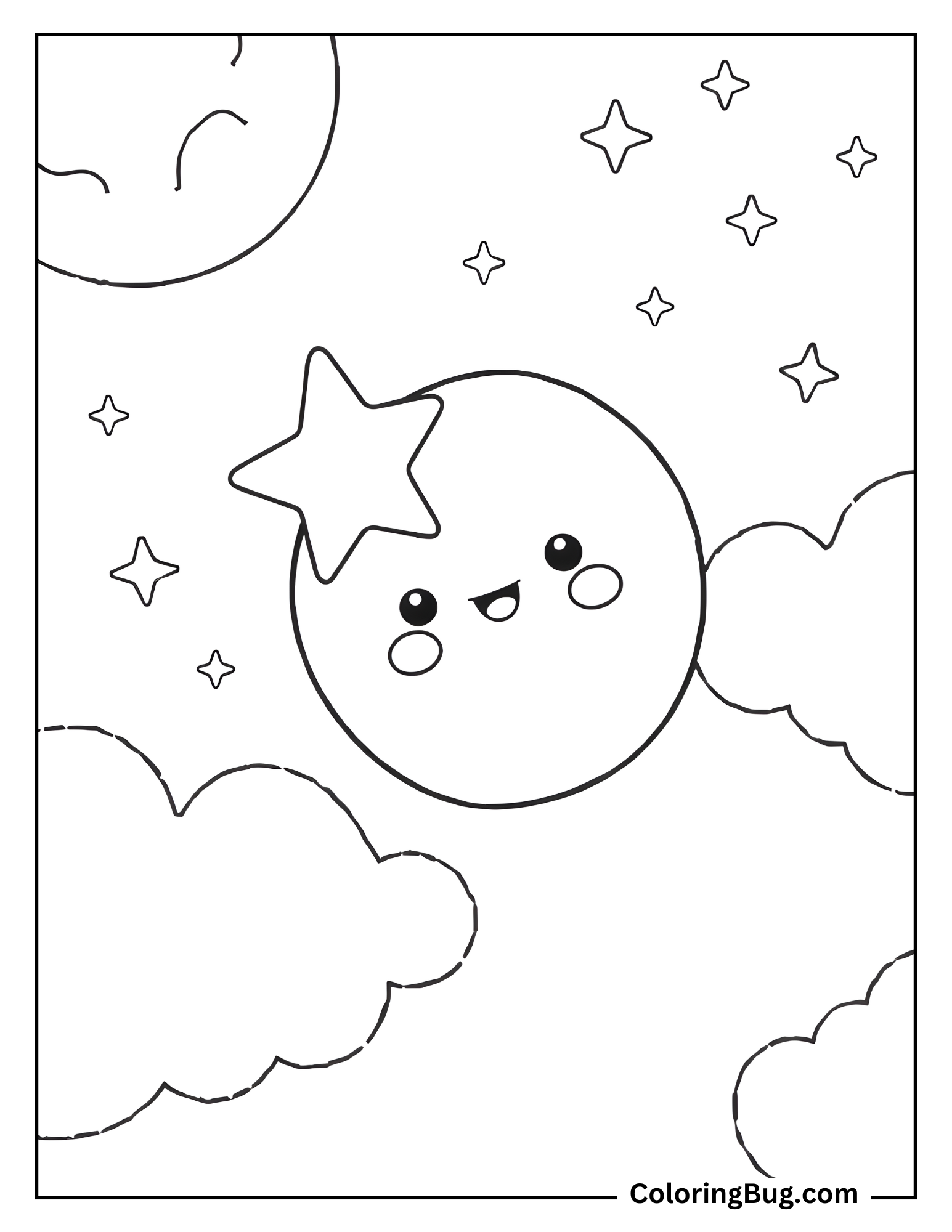 Cute Moon With Stars Coloring Sheet