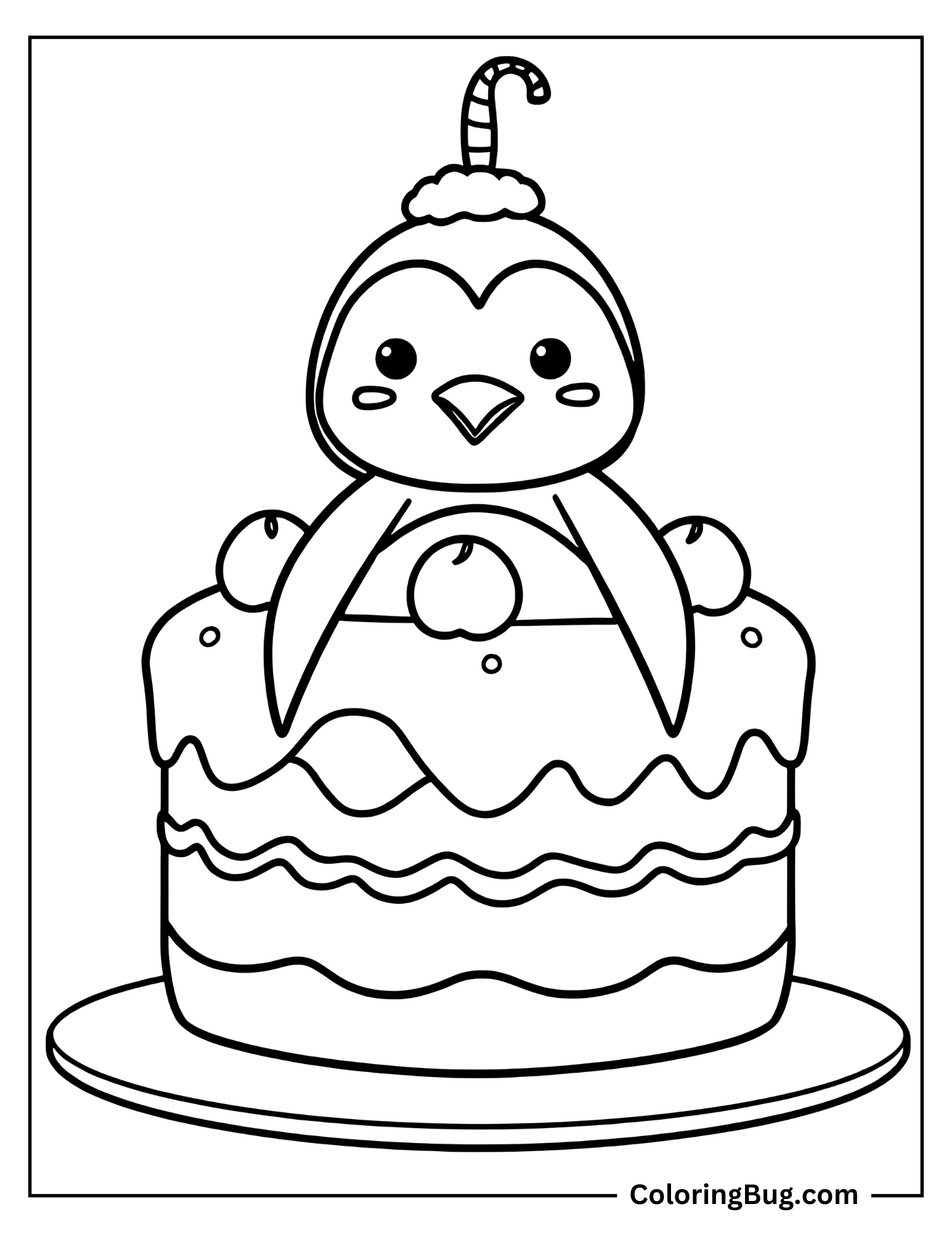 Cute Penguin Cake Coloring Sheet