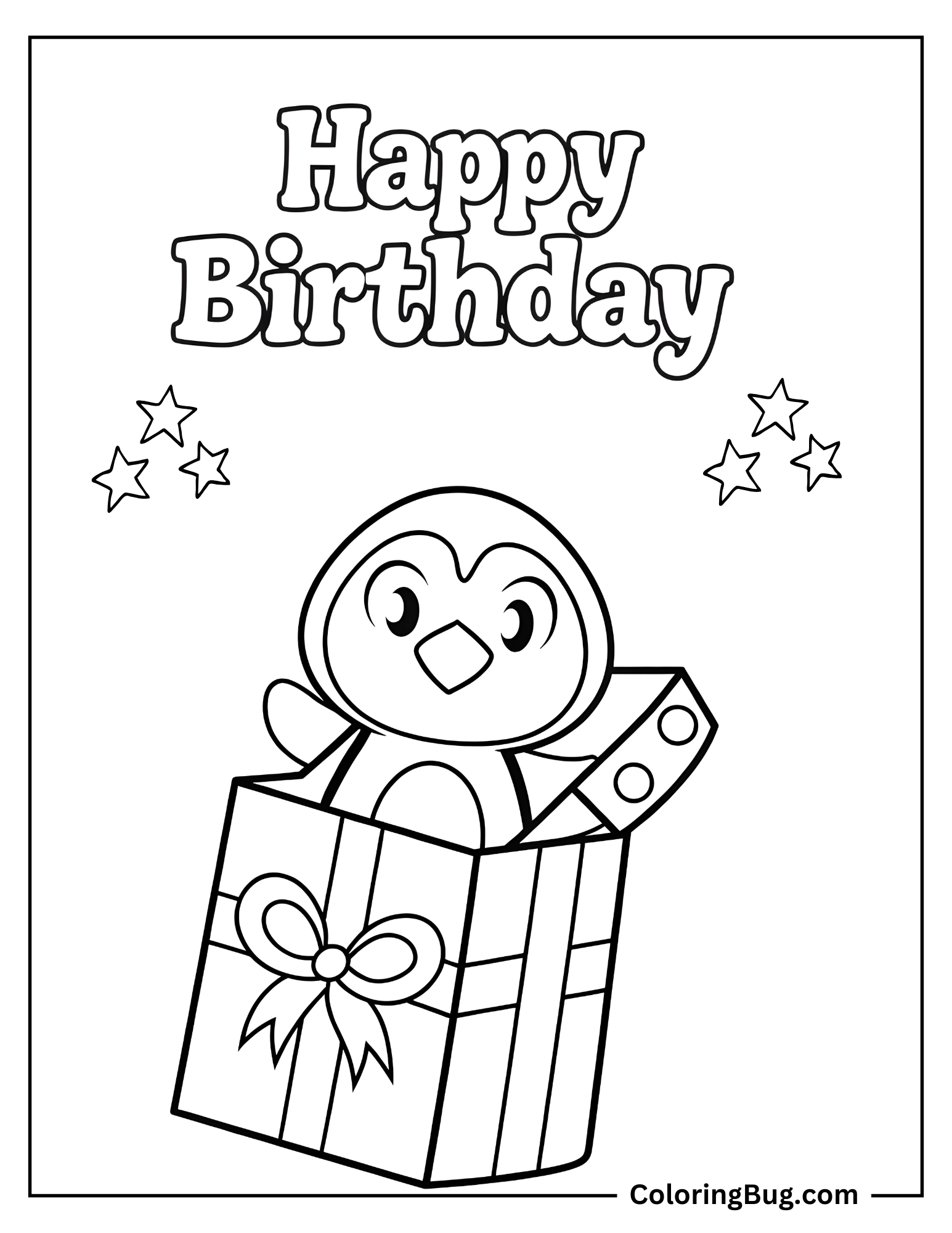 Cute Penguin Popping Out From Gift Box With Text Happy Birthday Coloring Sheet