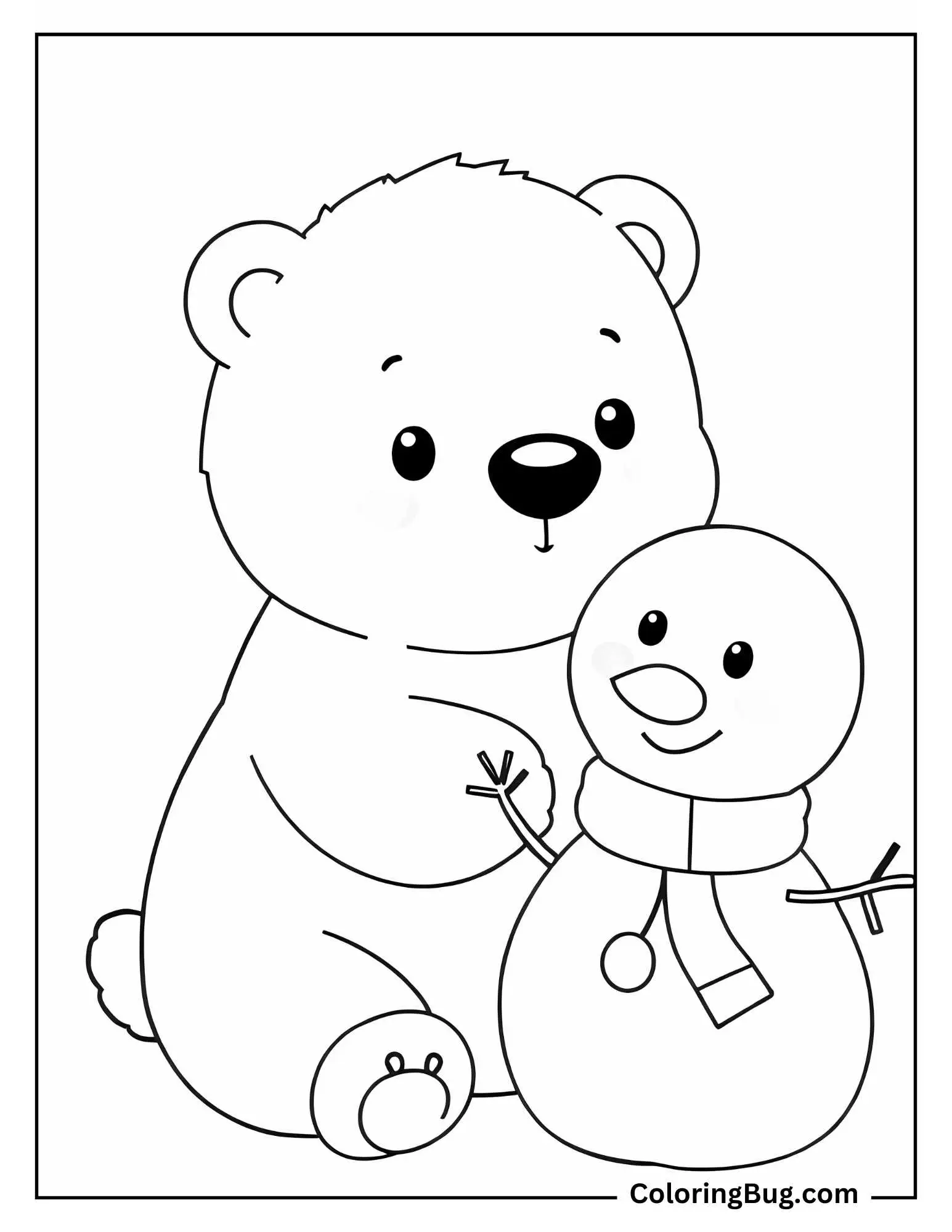 Cute Polar Bear With Friend Snowman Coloring Sheet