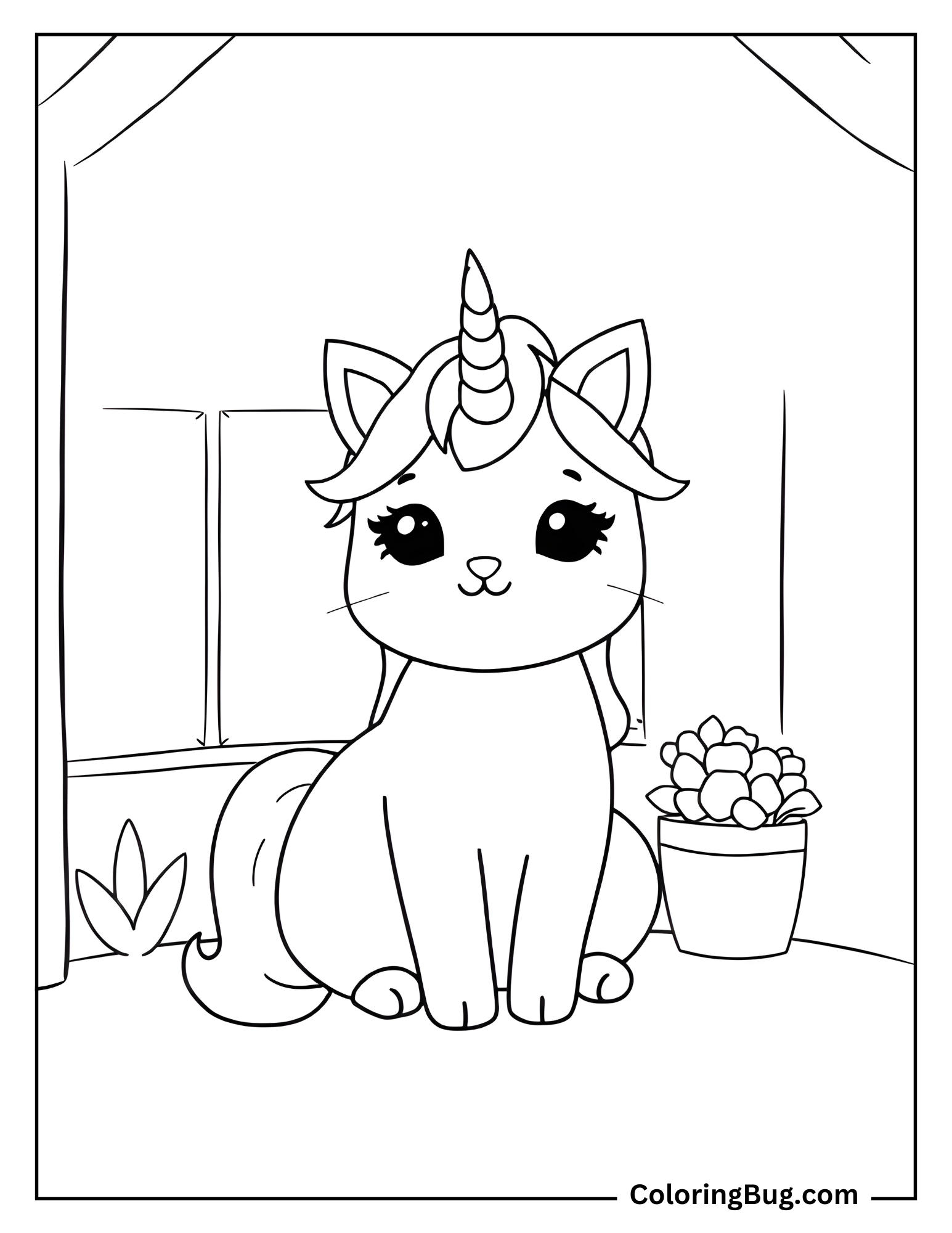 Cute Unicorn Cat in Its Home Coloring Sheet