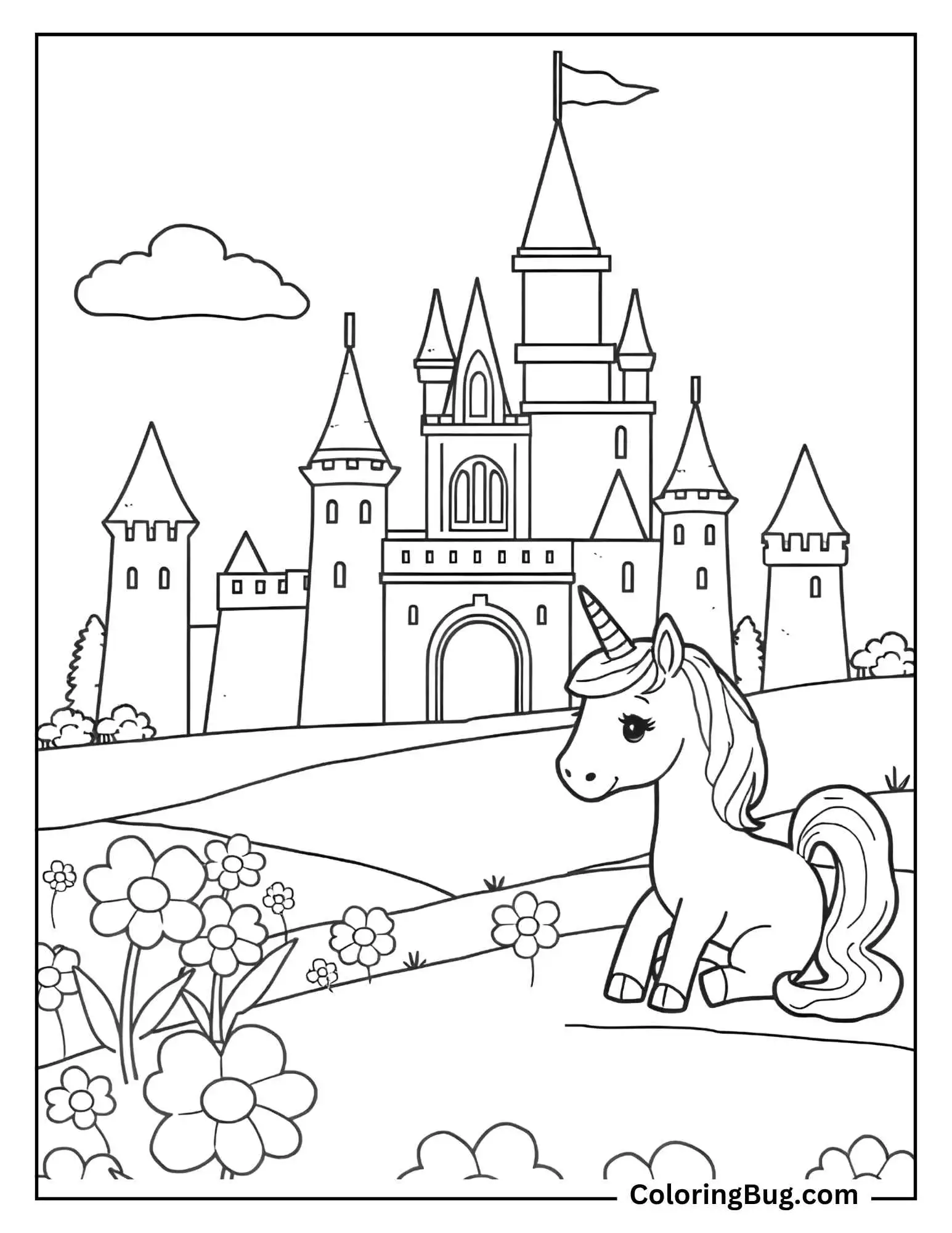 Cute Unicorn Sitting On A Flower Field Coloring Sheet