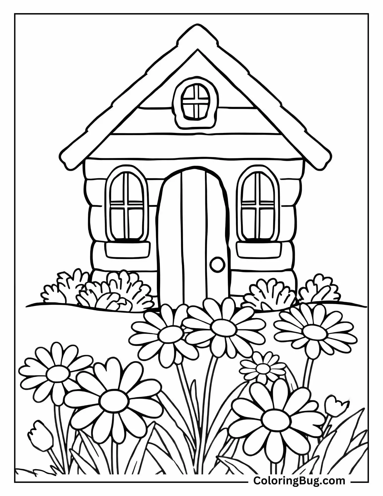 Daisies In Front Of Little House Coloring Sheet