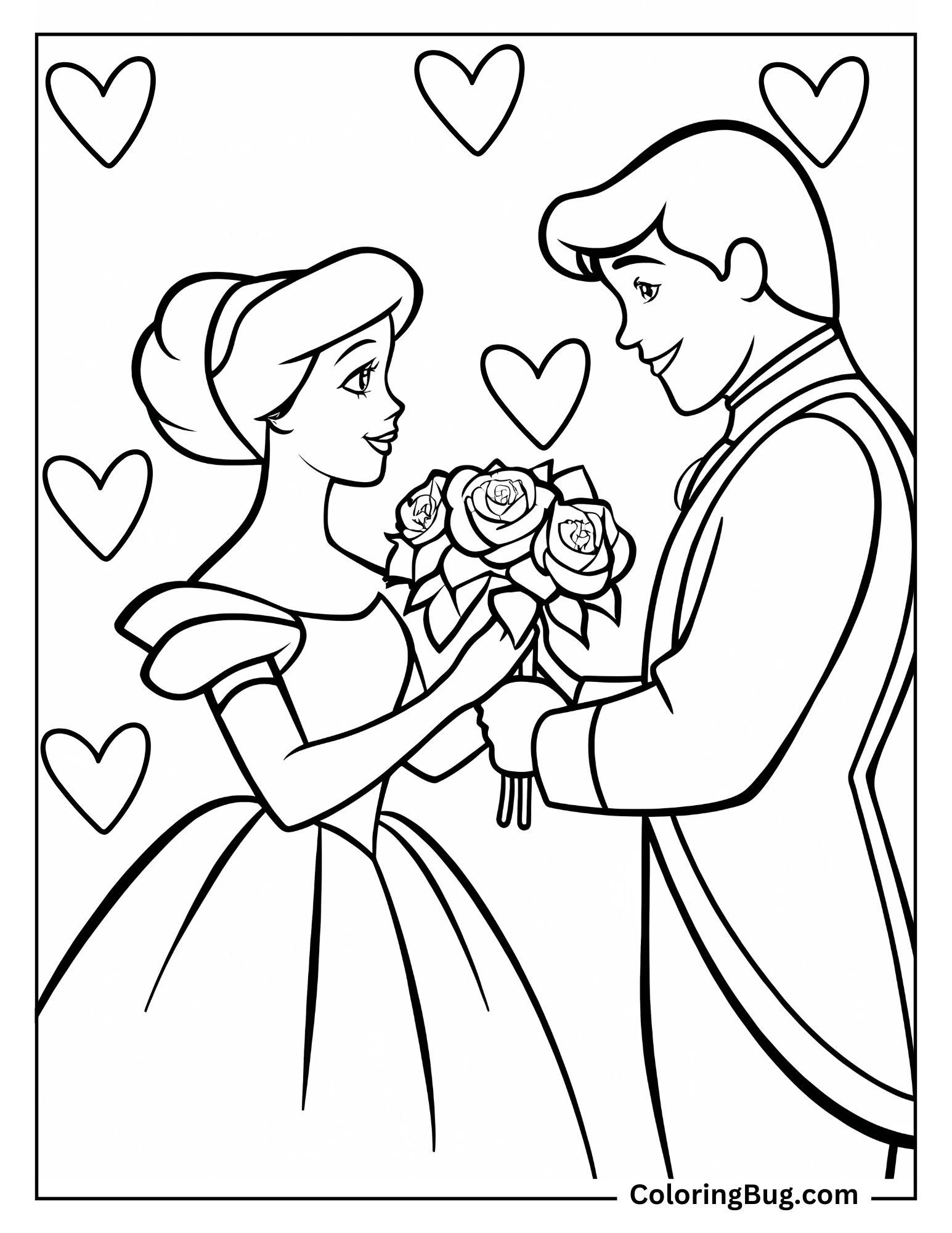 Disney Prince Presenting Flowers To Princess Coloring Sheet