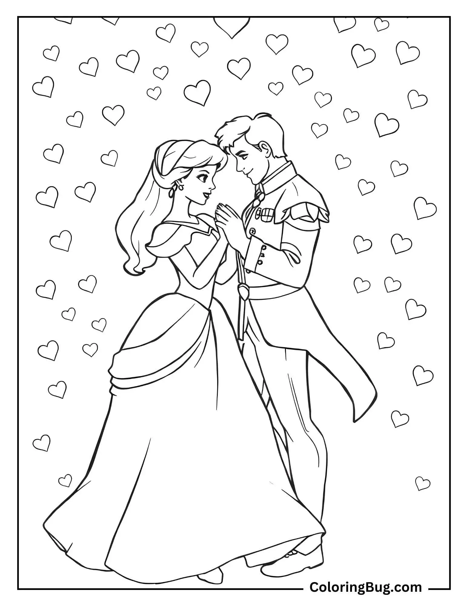 Disney Princess and Prince Charming Dancing Surrounded By Hearts Coloring Sheet