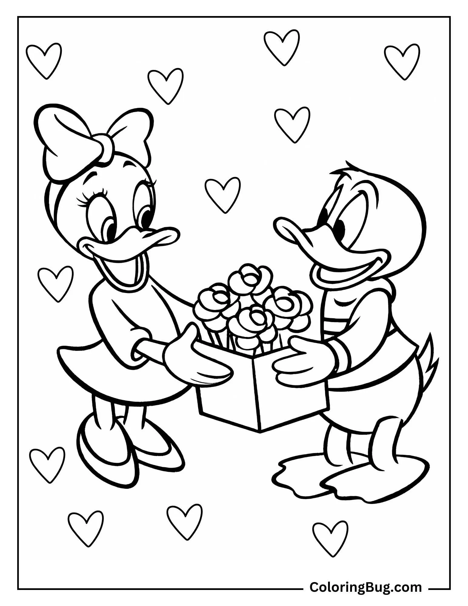 Donald Duck Giving Daisy Duck a Box of Flowers Shaped Chocolates Coloring Sheet