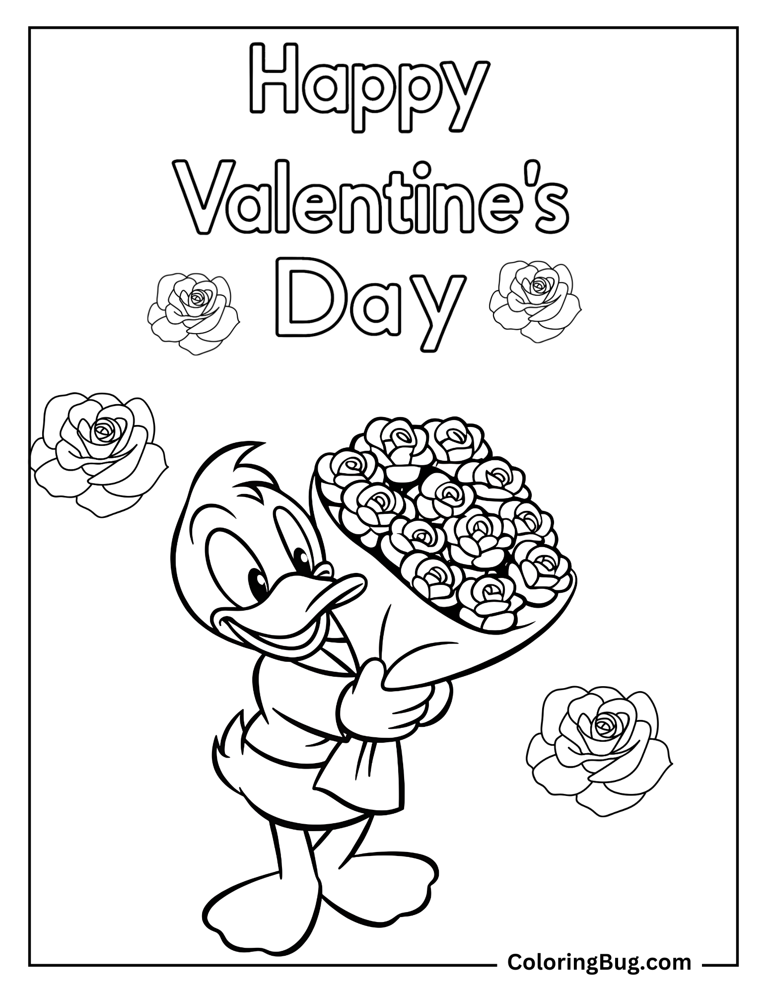 Donald Duck With Happy Valentine's Day Text Coloring Sheet