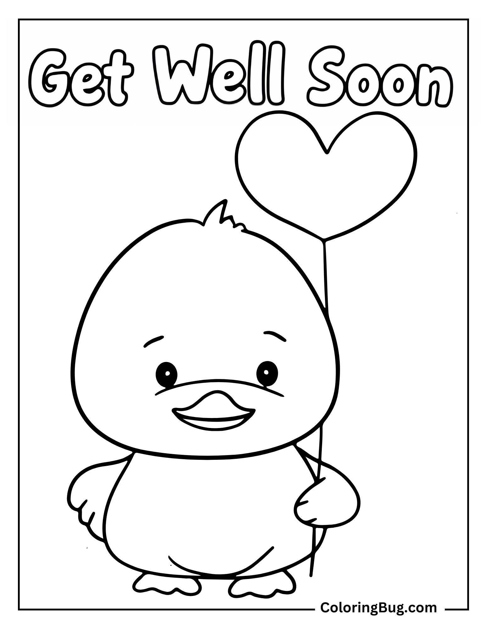 Duck Holding Heart Balloon With Get Well Soon Text Coloring Sheet