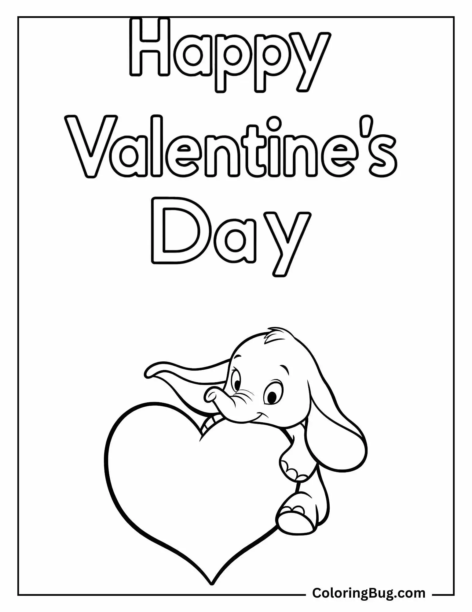 Dumbo Holding Heart With Happy Valentine's Day Wording coloring Sheet