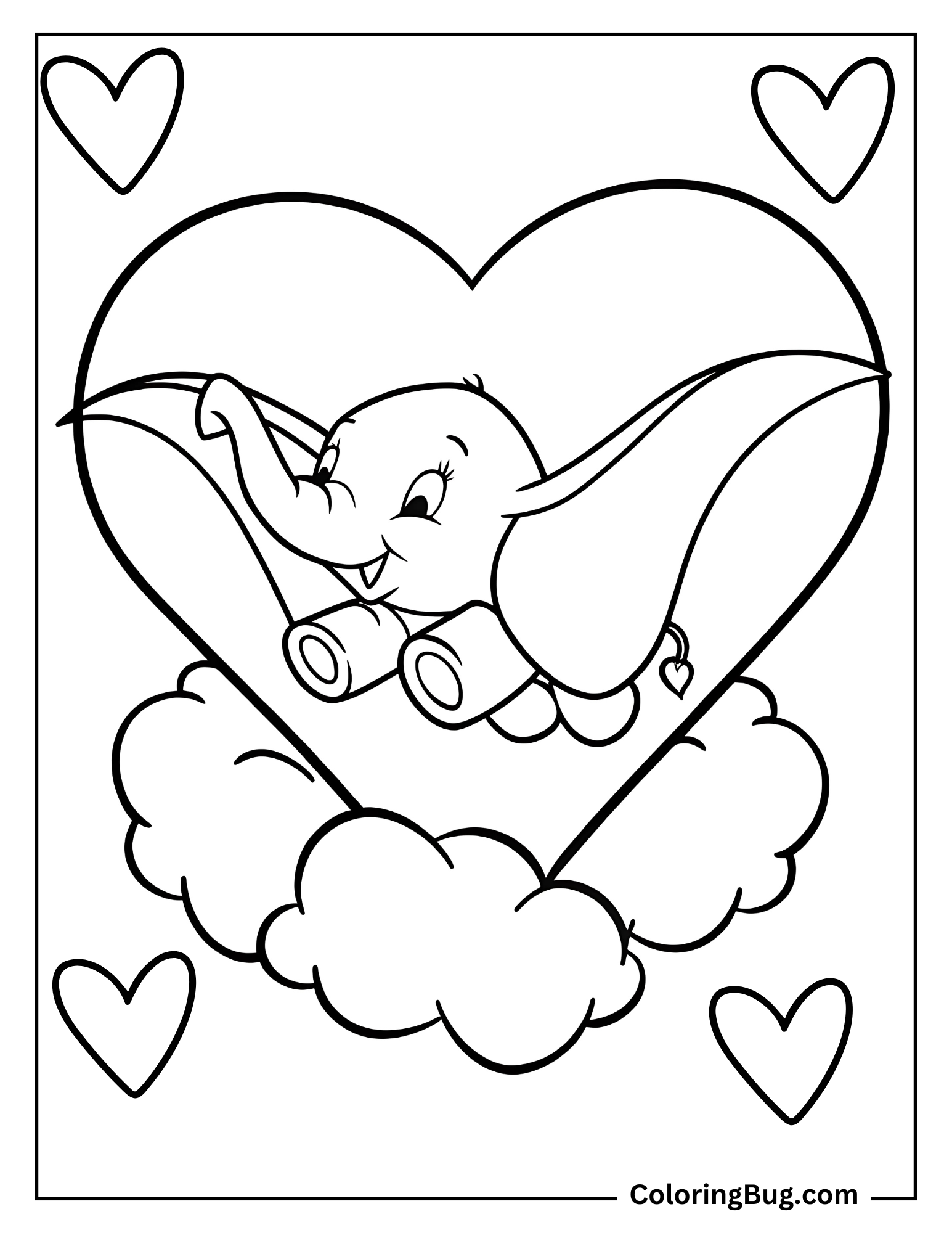 Dumbo On Heart Shaped Cloud Coloring Sheet