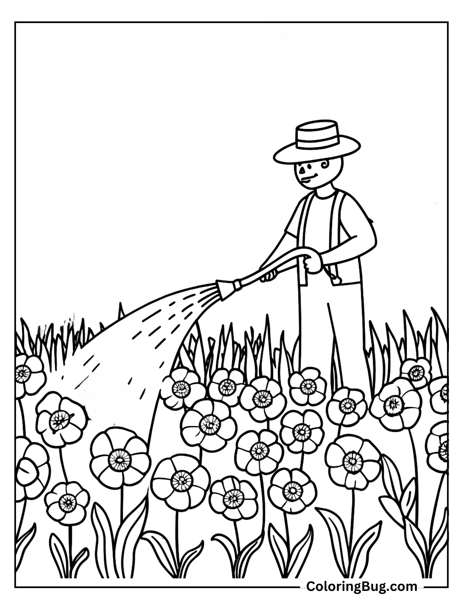 Farmer Watering Poppy Coloring Sheet