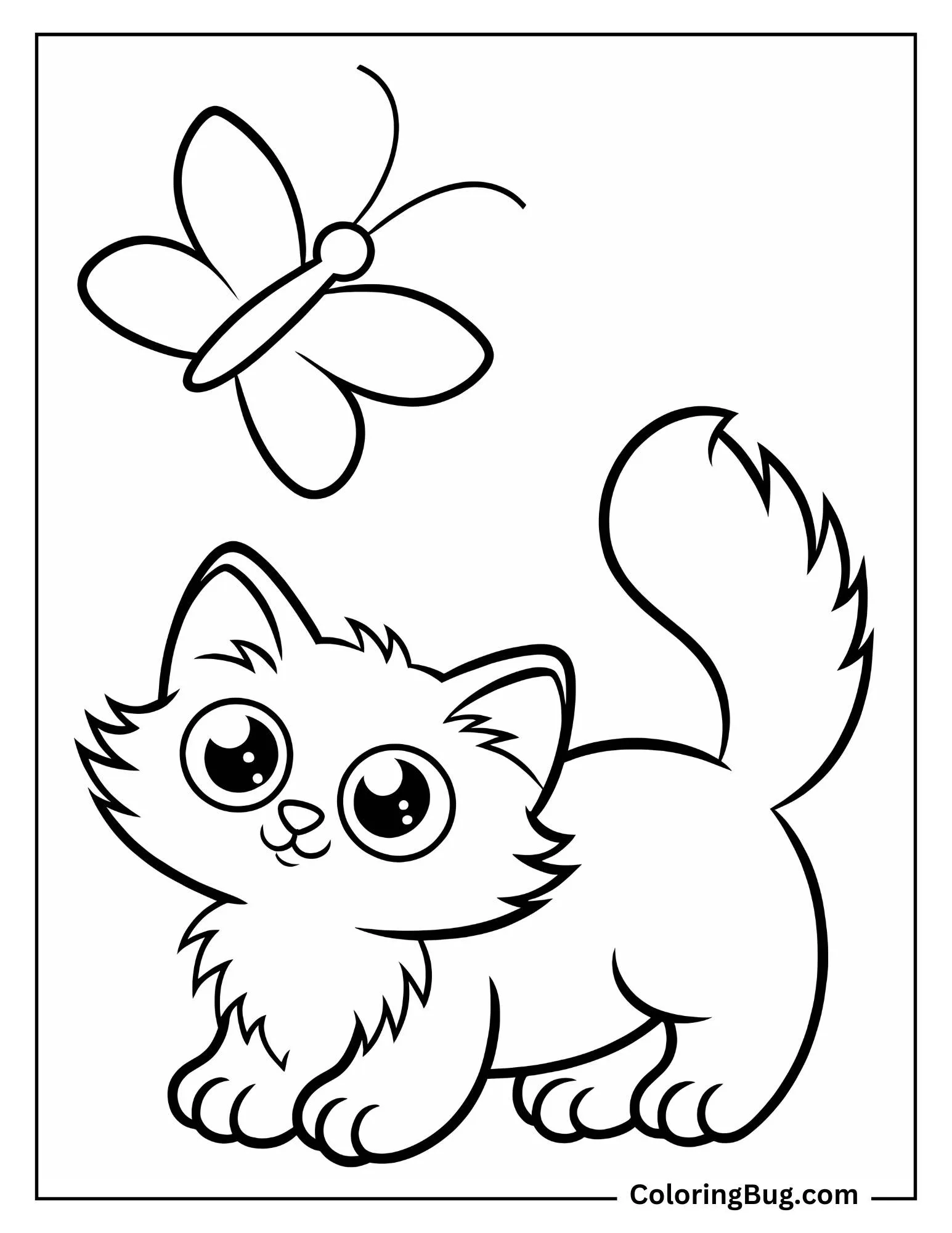 Fluffy kitten With Butterfly Coloring Sheet