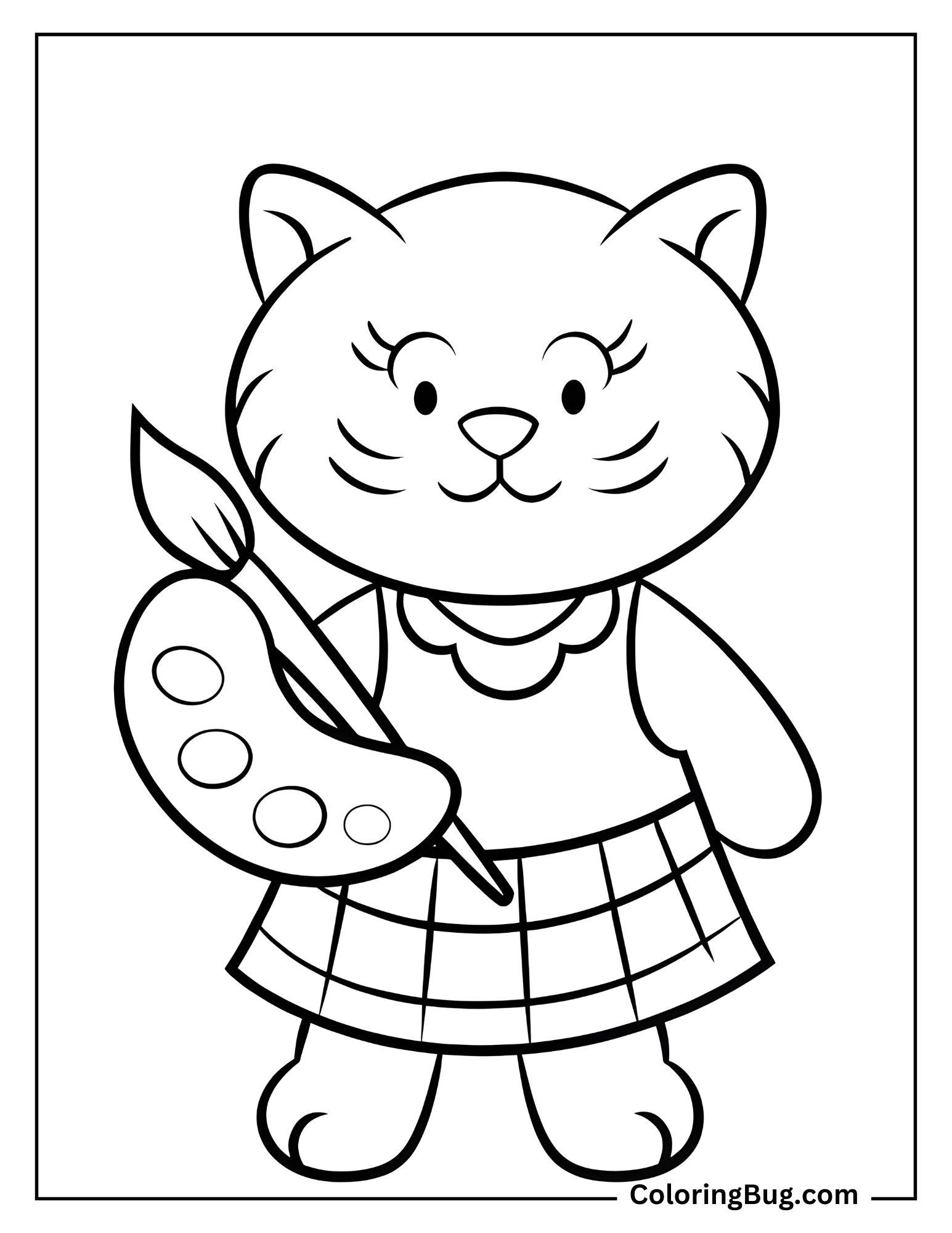 Furry Cat Holding Paintbrush And Wearing Plaid Dress Coloring Sheet
