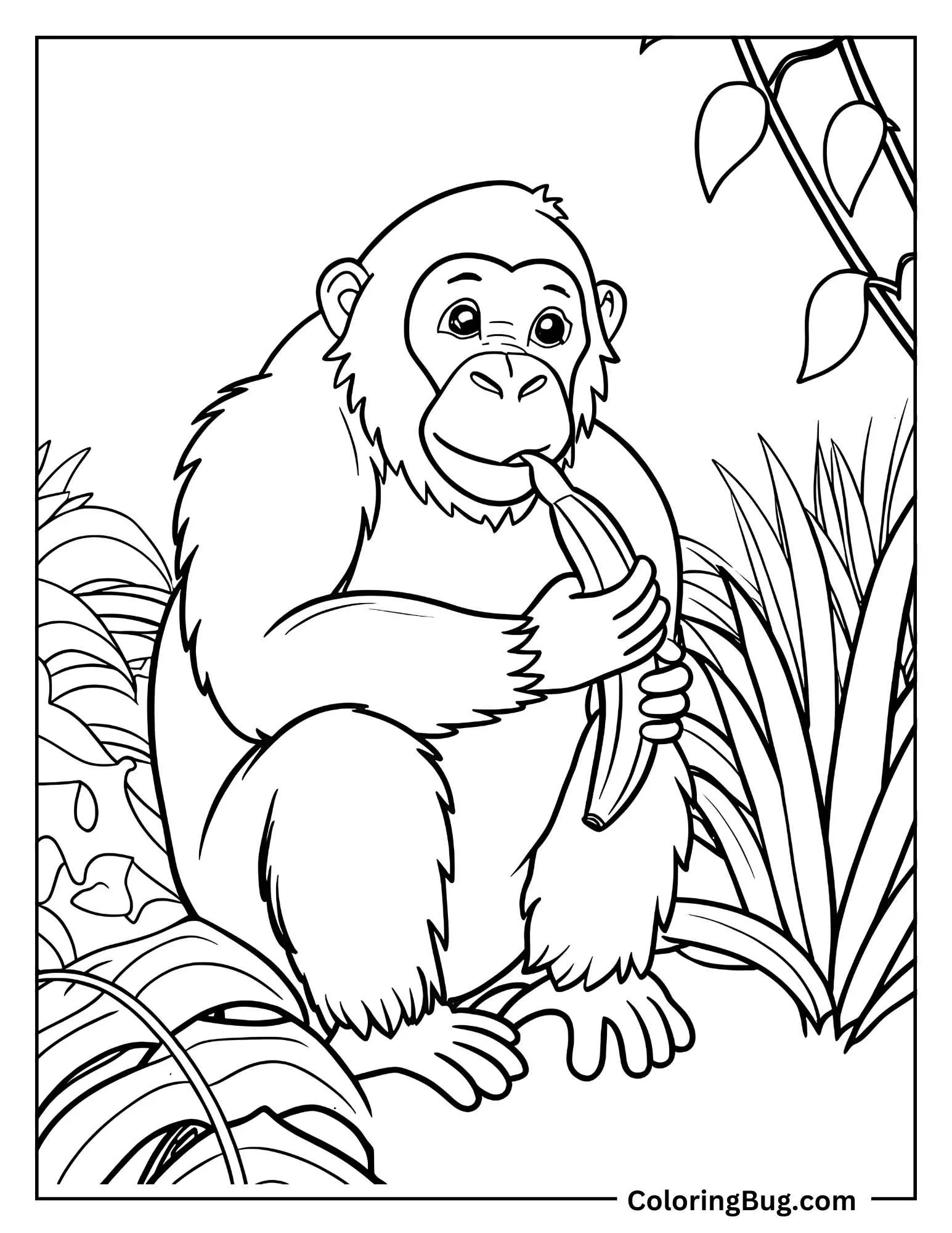 Gorilla Eating Banana Coloring Sheet