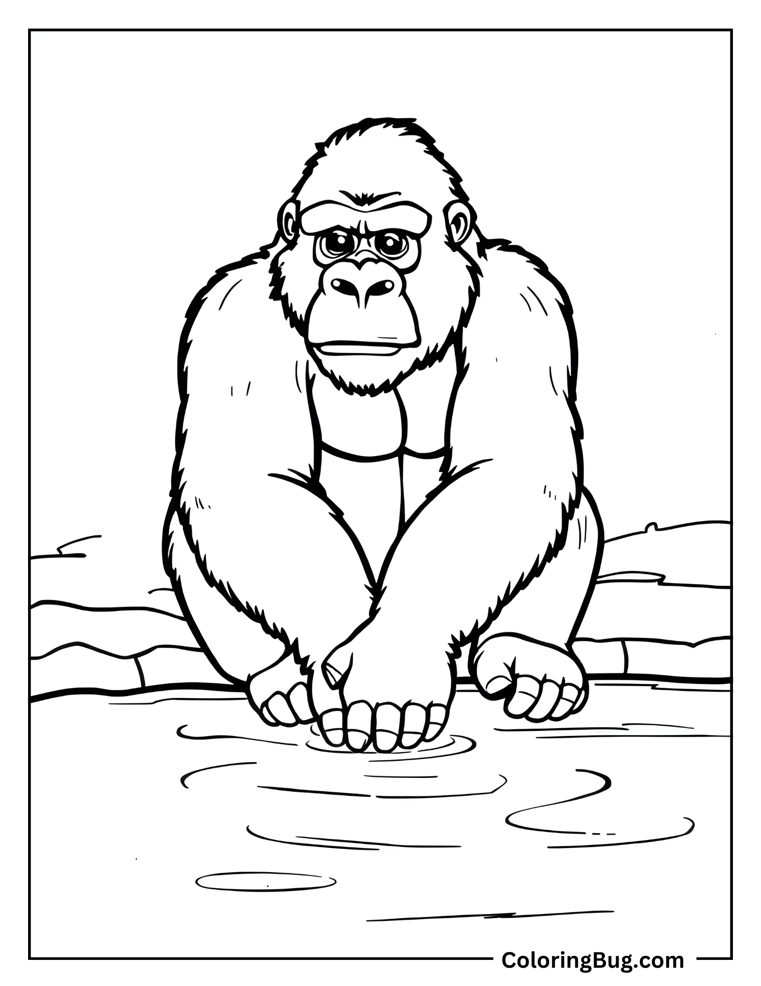 Gorilla Sitting By The Water Dipping Its Hands And Toes Coloring Sheet