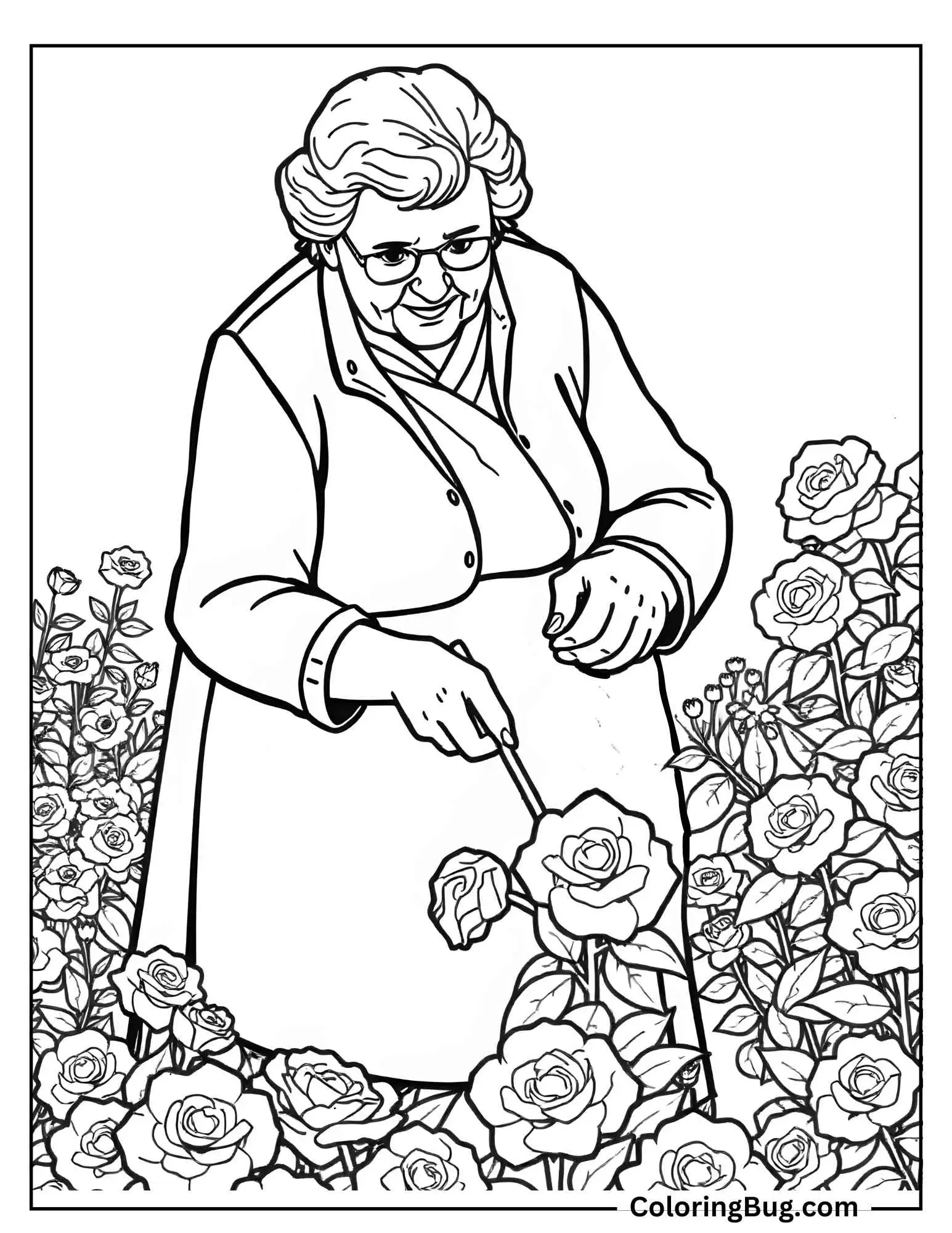 Grandmother Gardening In Rose Garden Coloring Sheet
