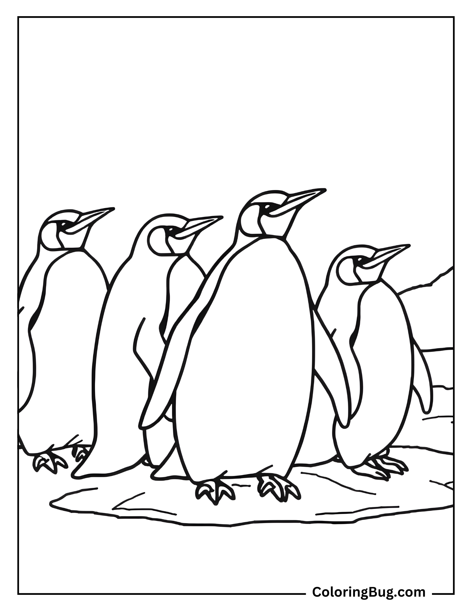 Group of Penguins Waddling on n Icy Patch of Ocean Coloring Sheet
