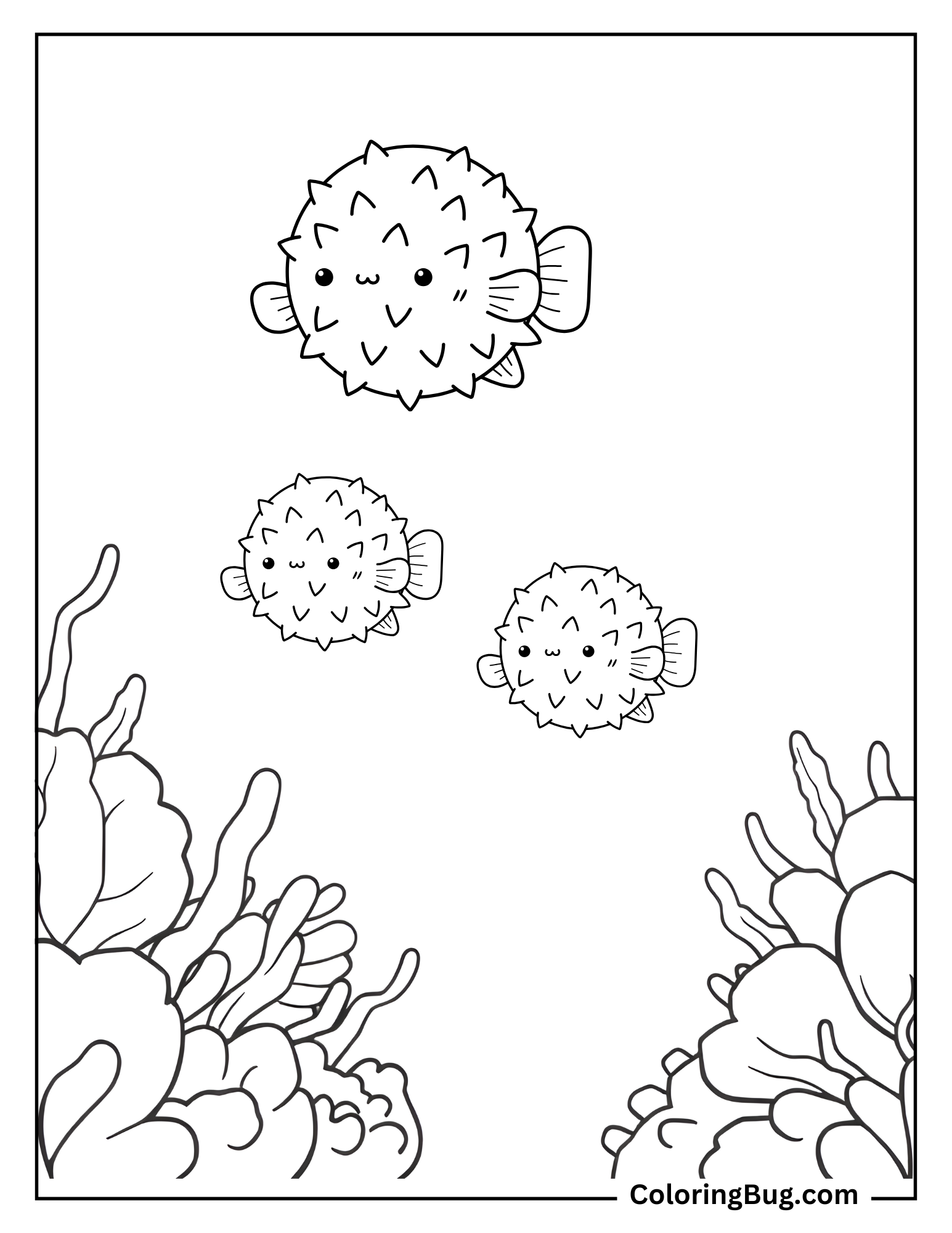 Group of Pufferfish in Ocean Coloring Sheet