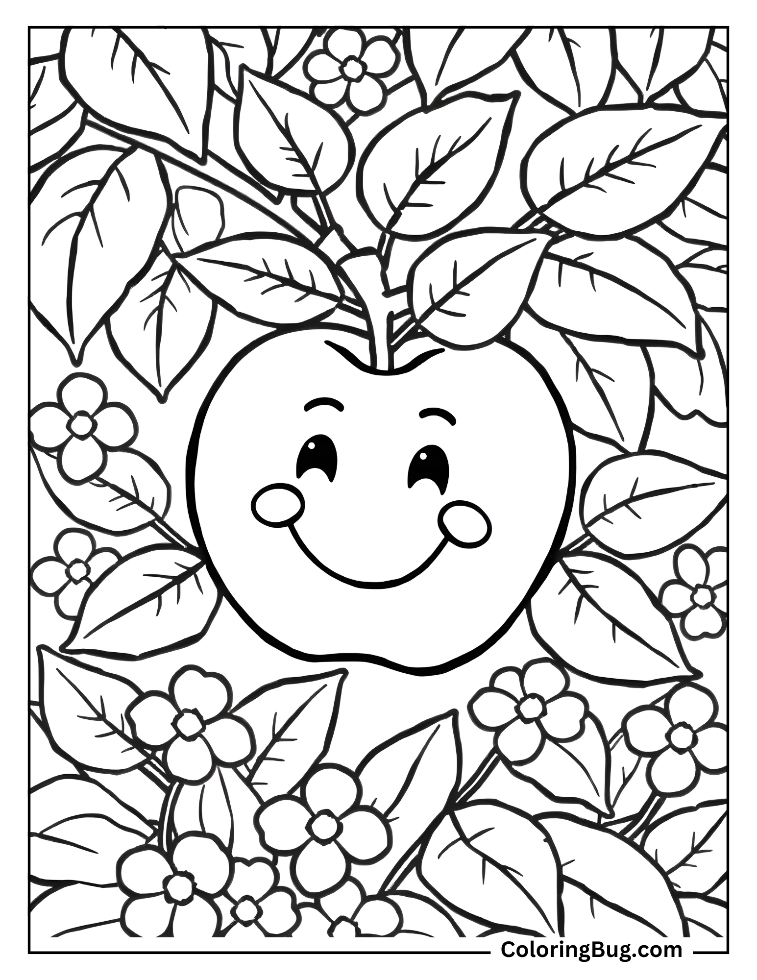 Happy Apple Surrounded By Leaves and Flowers coloring Sheet