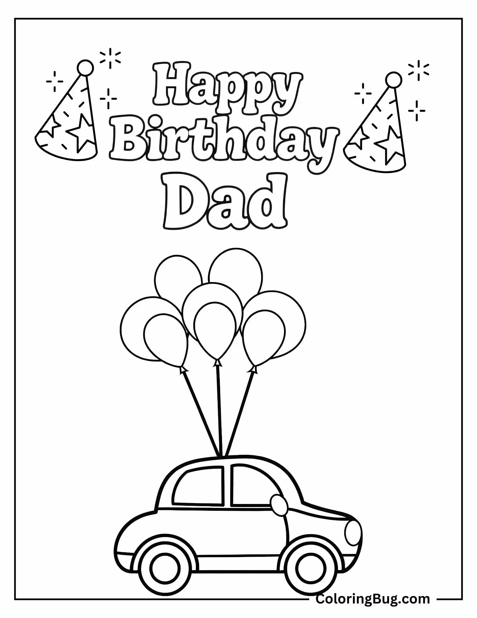 Happy Birthday Dad With A Car With Balloons Coloring Sheet