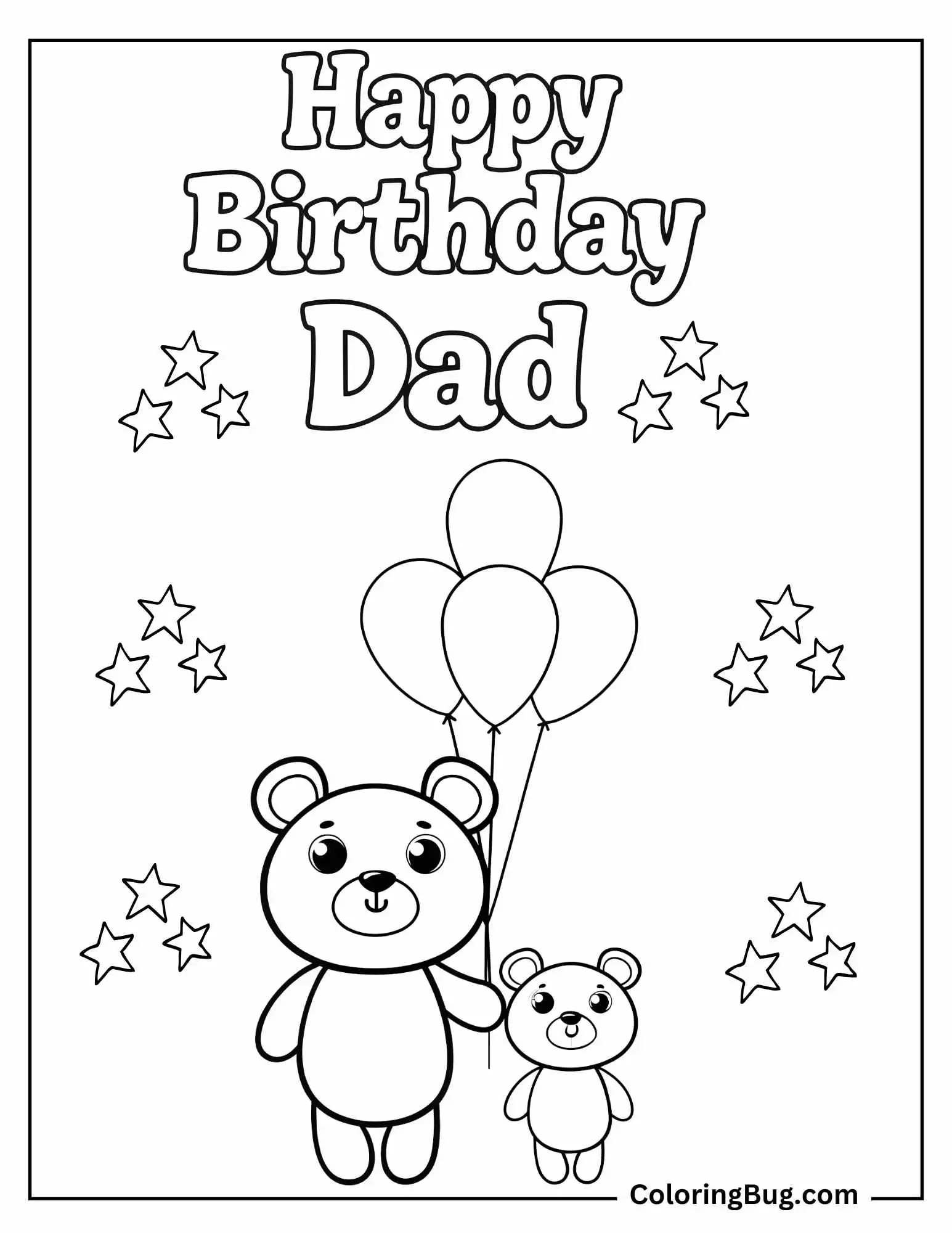 Happy Birthday Dad With Cute Bear With His Father Coloring Sheet