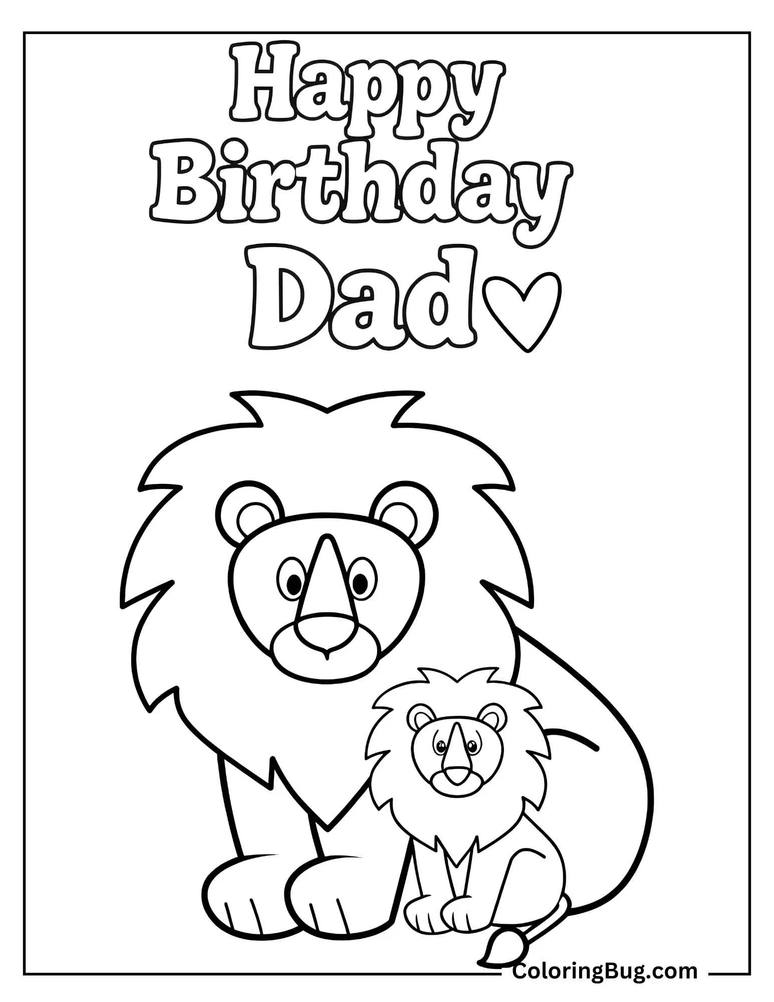Happy Birthday Dad With Lion And its Cub Coloring Sheet