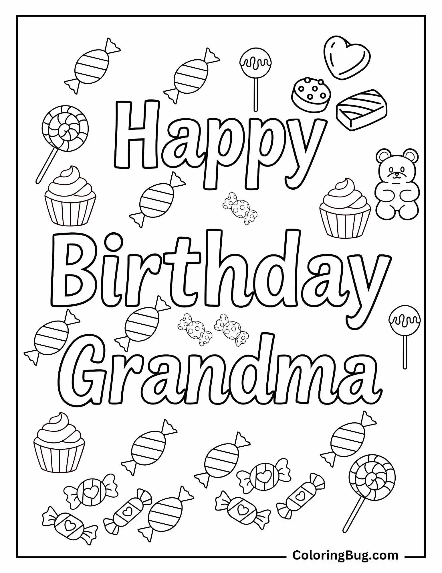 Happy Birthday Grandma With Cupcake, Candies and Lollypop Coloring Sheet