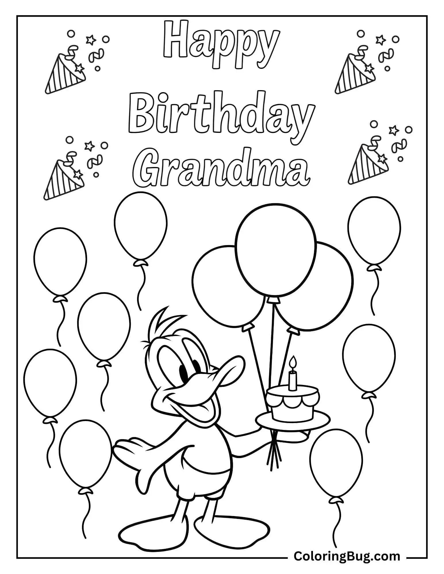 Happy Birthday Grandma With Daffy Duck Holding Cake And Balloons Coloring Sheet