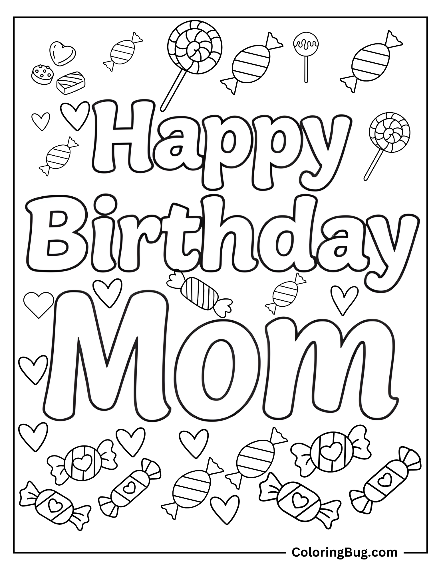 Happy Birthday Mom With Candies Coloring Sheet