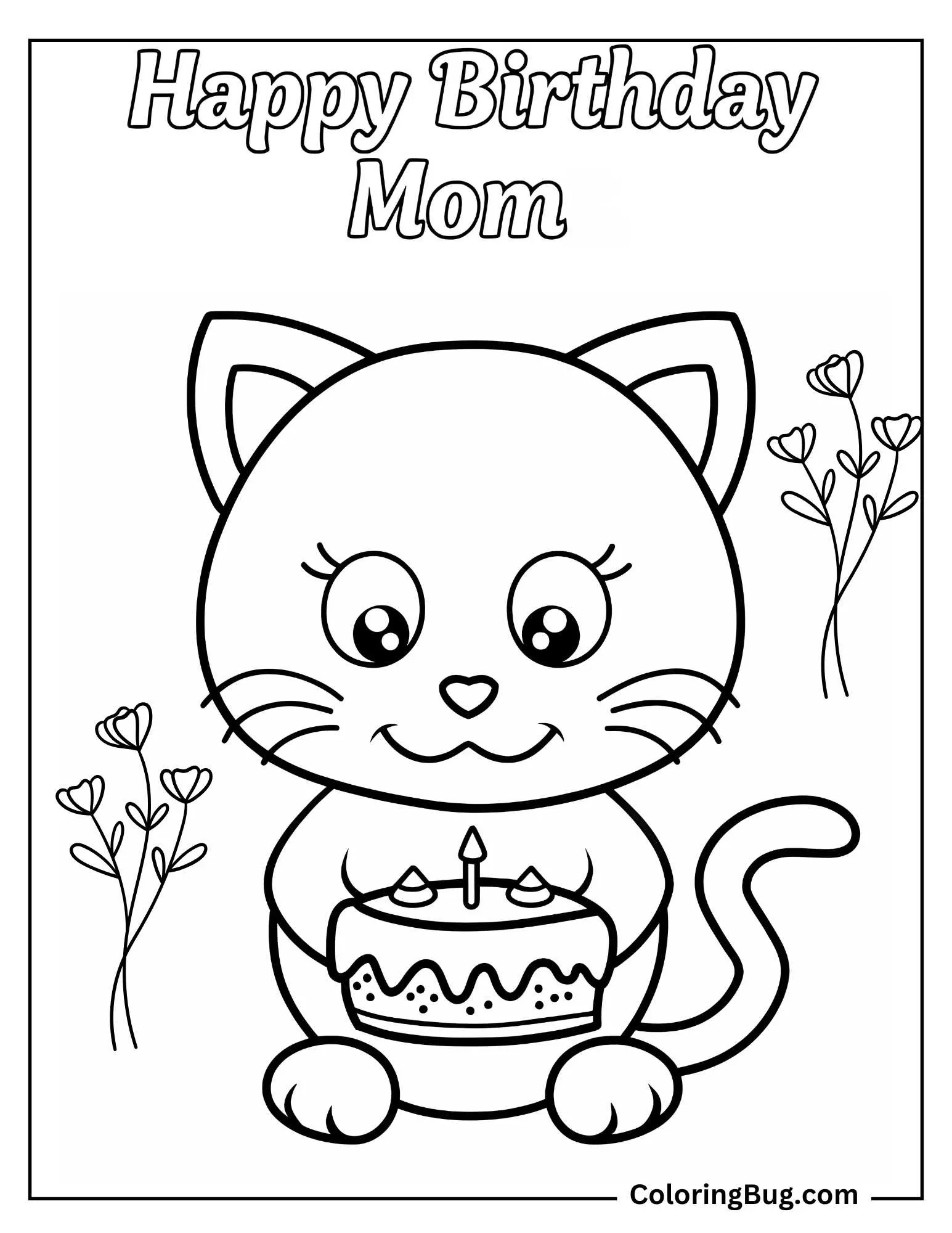 Happy Birthday Mom With Cute Kitten Coloring Sheet