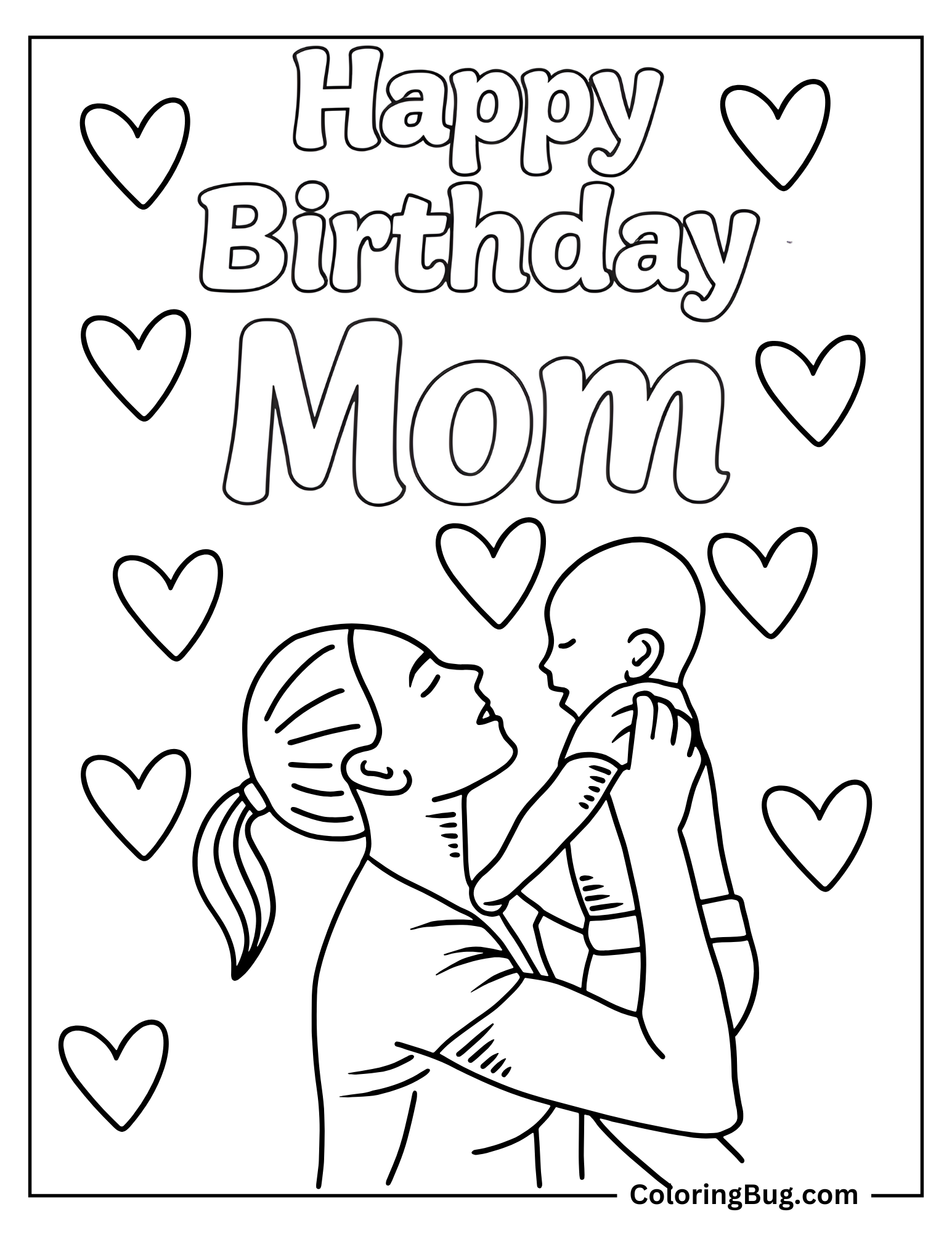 Happy Birthday Mom With Mom Holding Her Baby Coloring Sheet