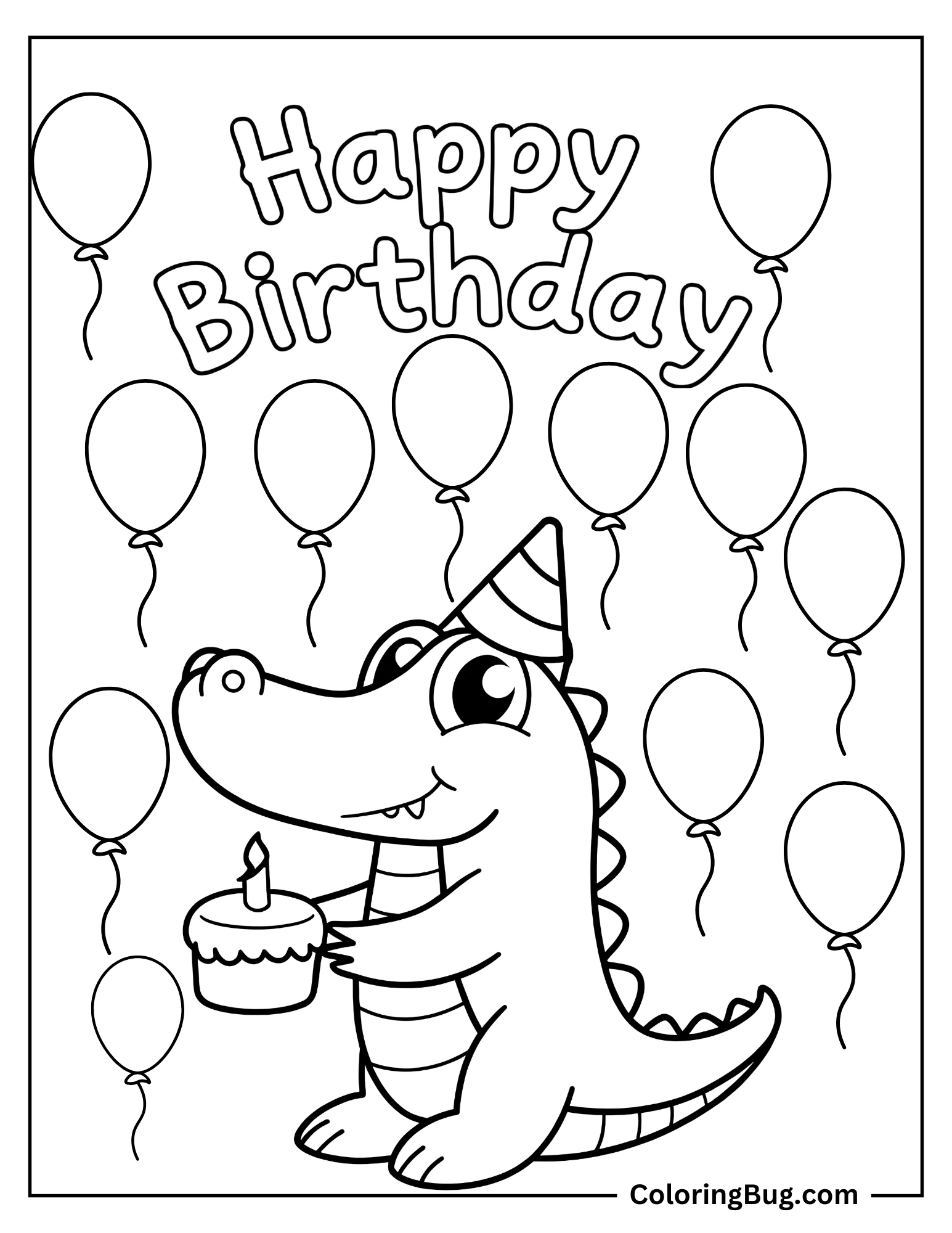 Happy Birthday With Cute Alligator Coloring Sheet
