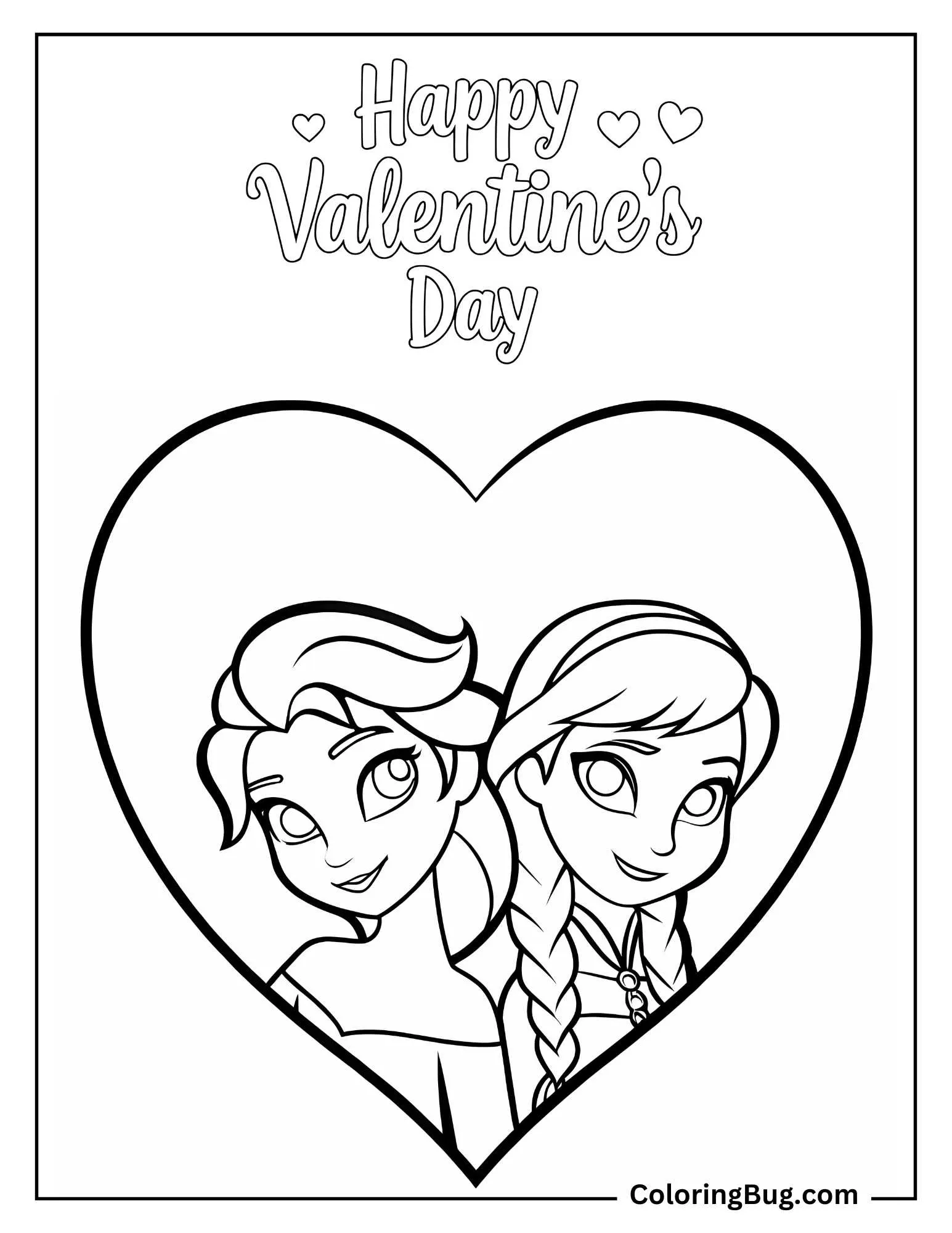 Happy Valentin's Day With Elsa and Anna Coloring Sheet