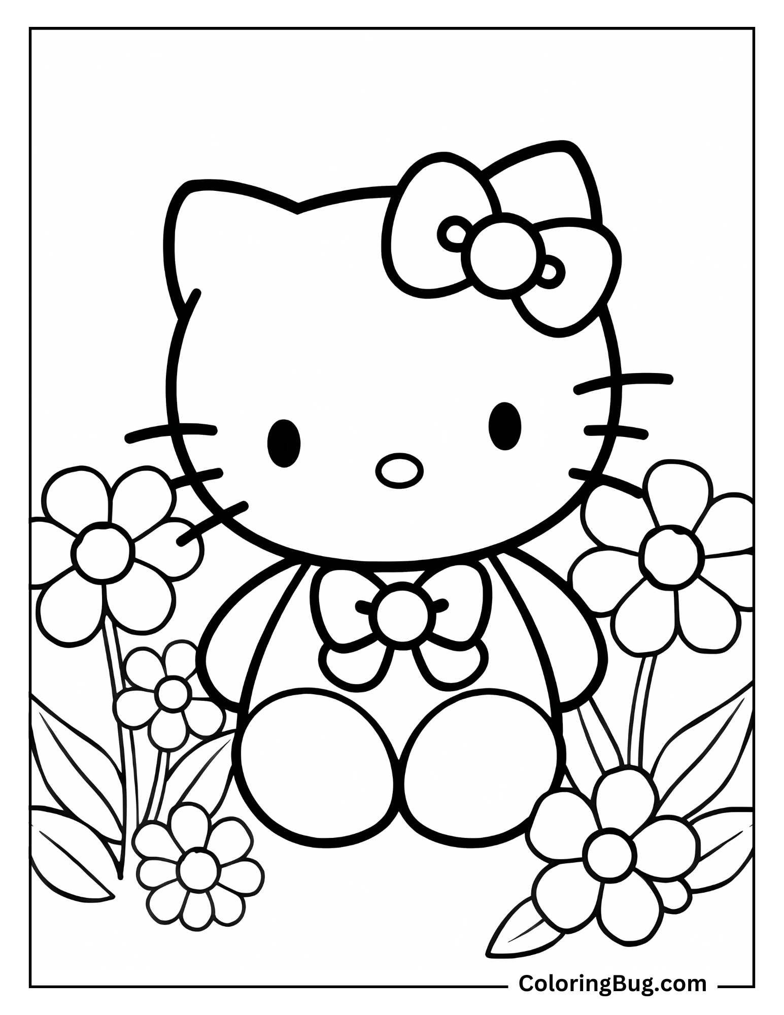 Hello Kitty With Flowers coloring Sheet
