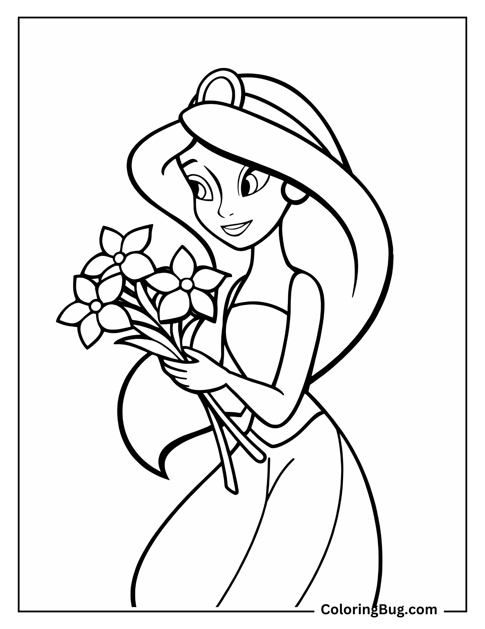 Jasmine Holding Flowers Coloring sheet