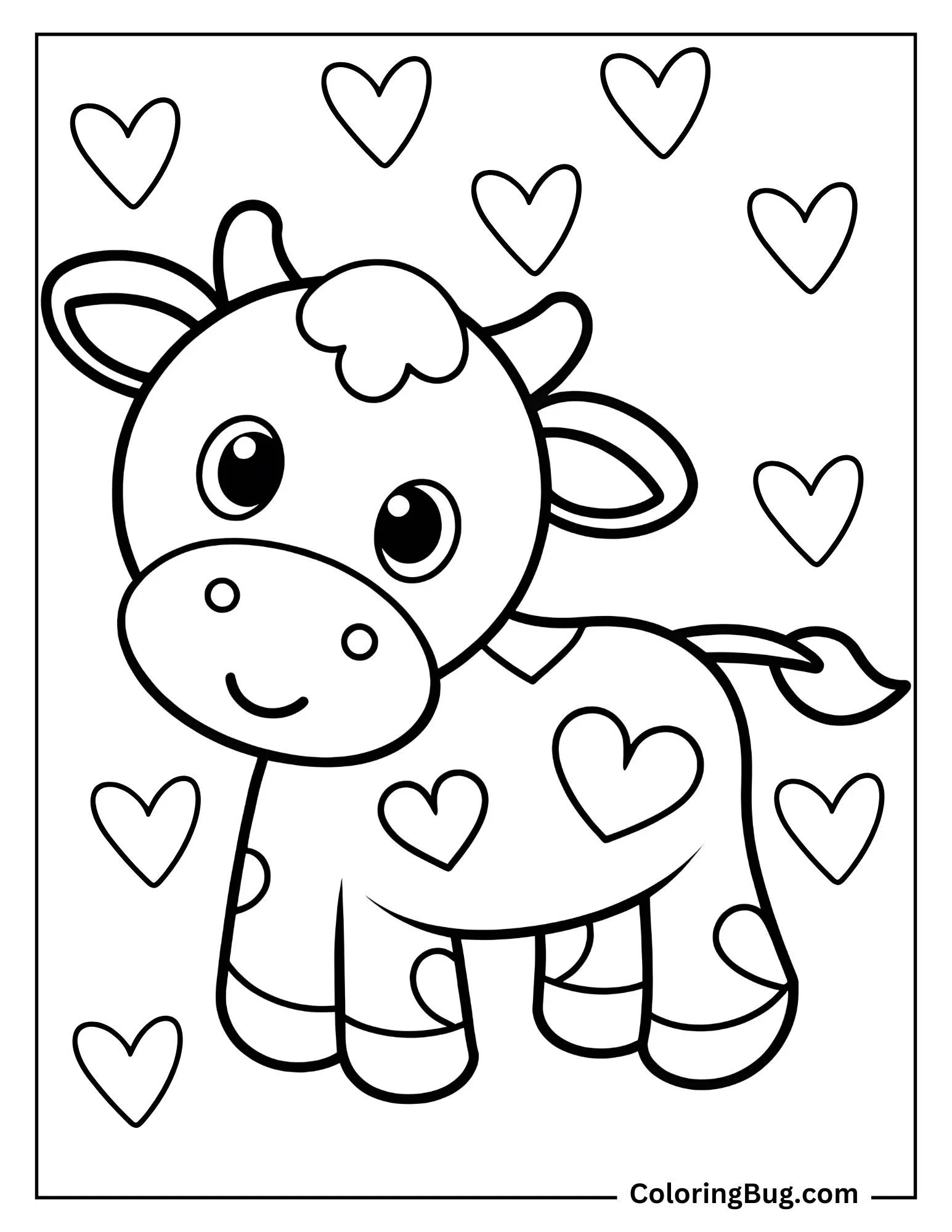Kawaii Baby Cow With Hearts Coloring Sheet