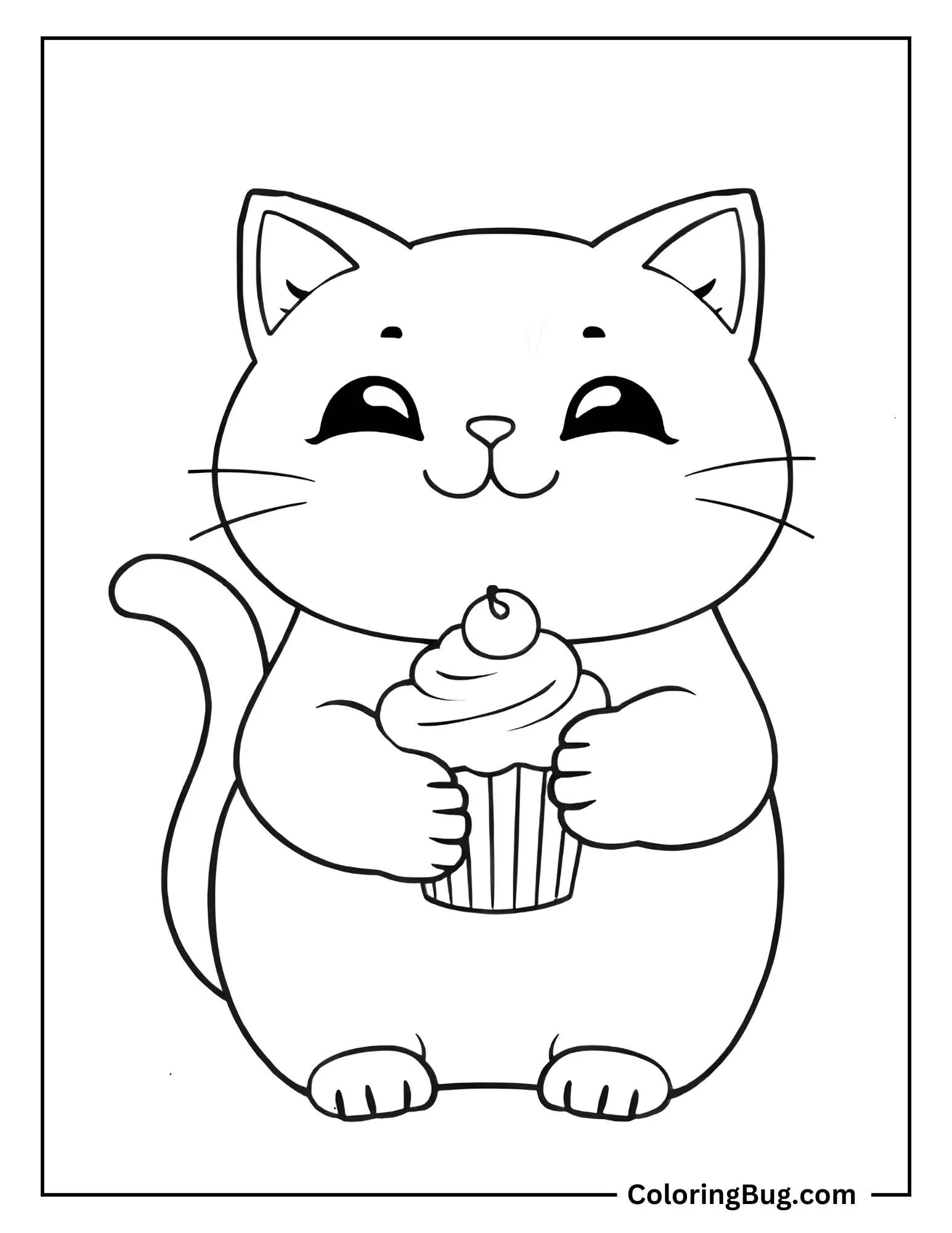Kawaii Cat Holding Cupcake Coloring Sheet