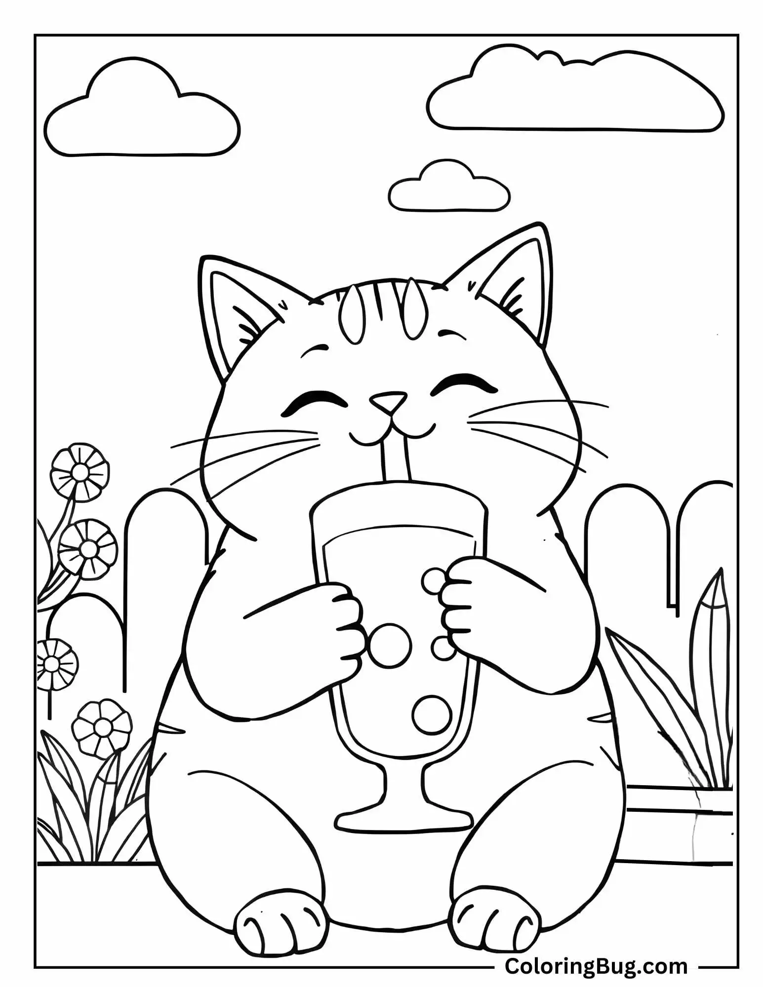 Kawaii Cat Sipping Smoothie Coloring Sheet