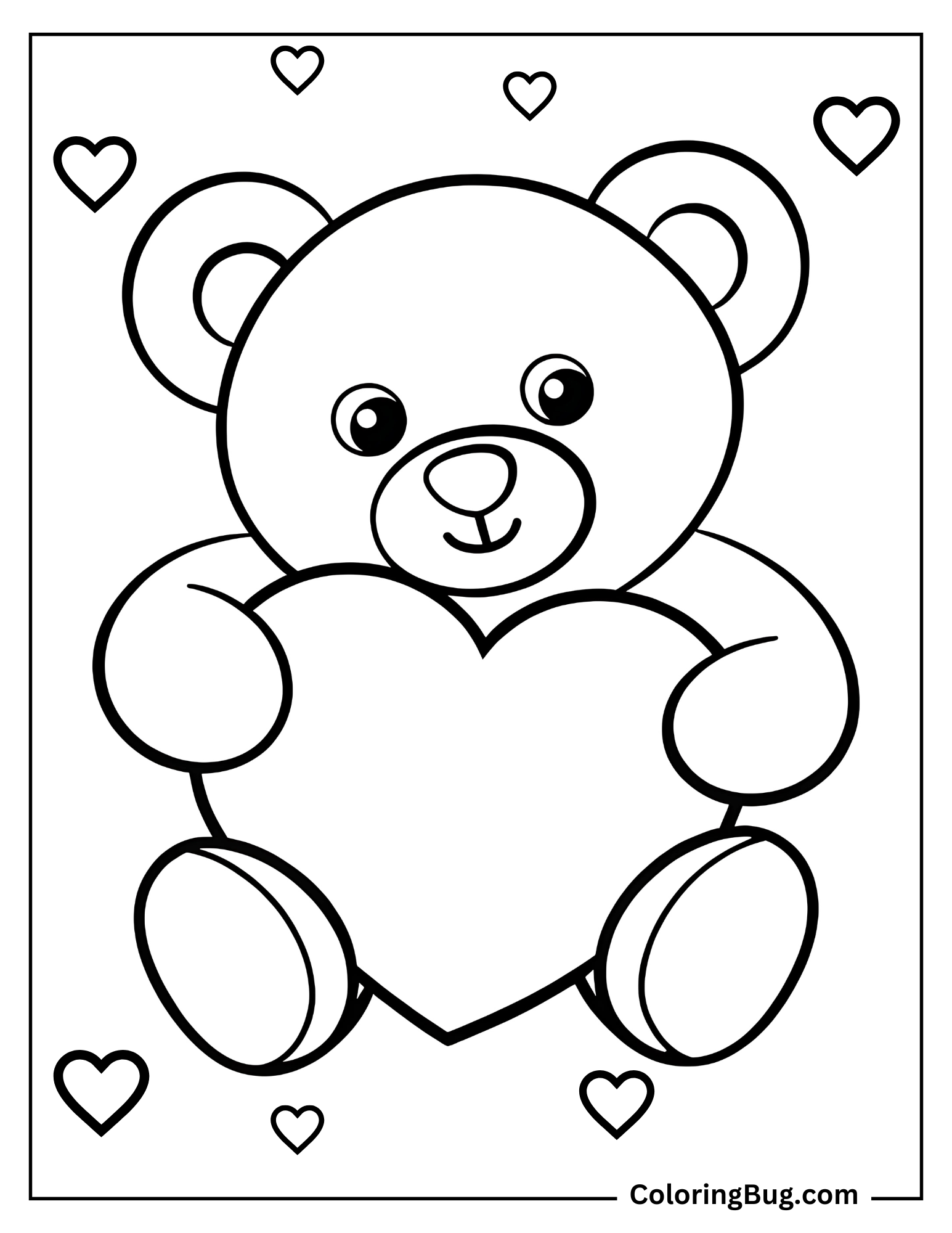 Kawaii Teddy Bear Holding Heart Coloring Sheet