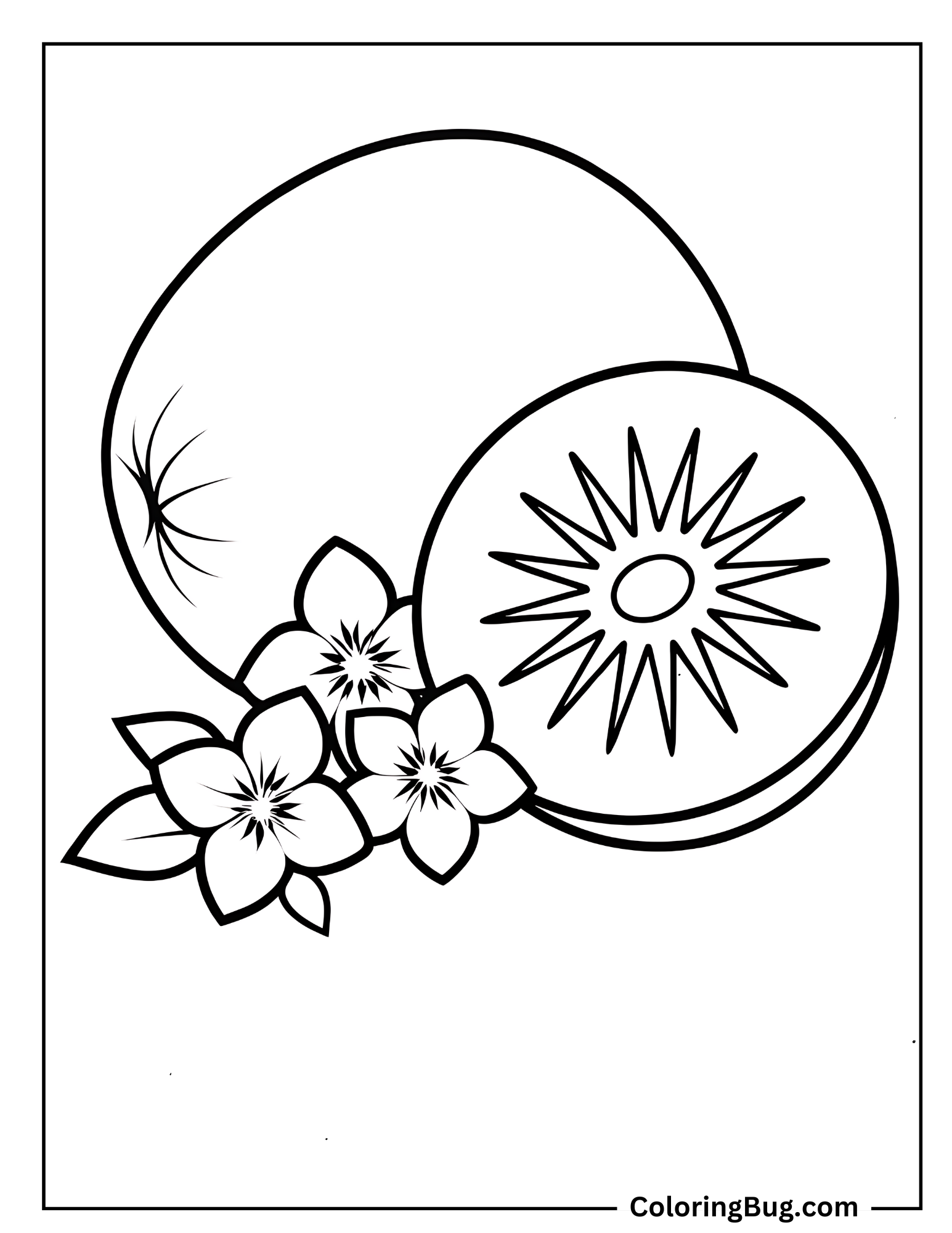 Kiwi With Little Flowers Around It Coloring Sheet