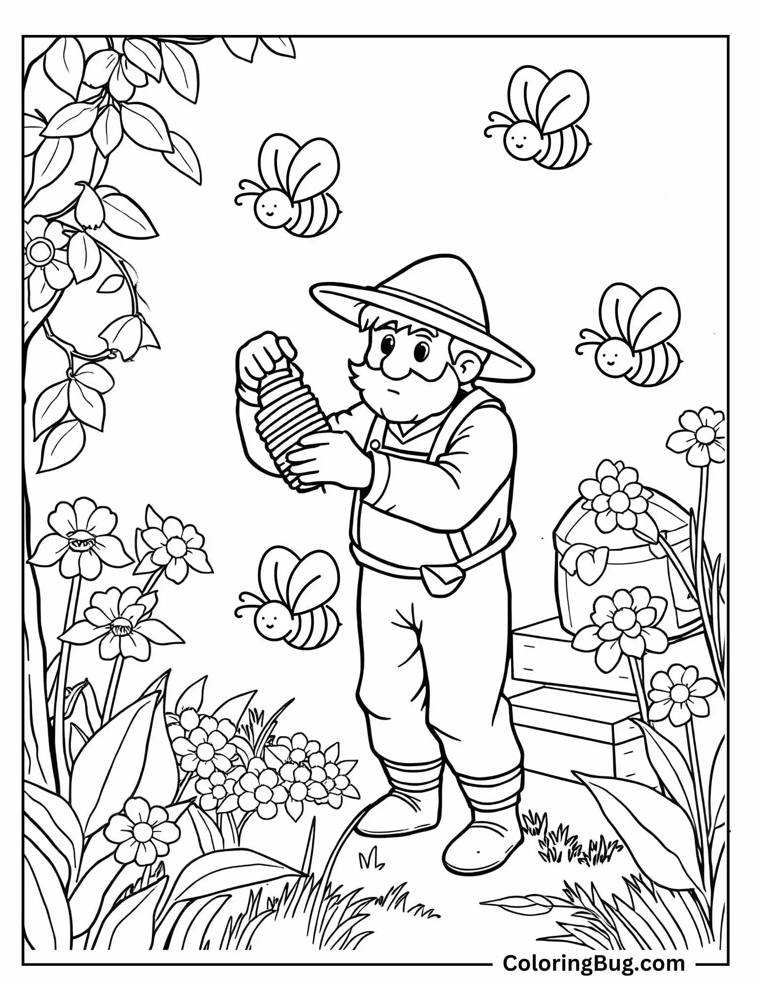 Man Collecting Honey From Bee Yard Coloring Sheet
