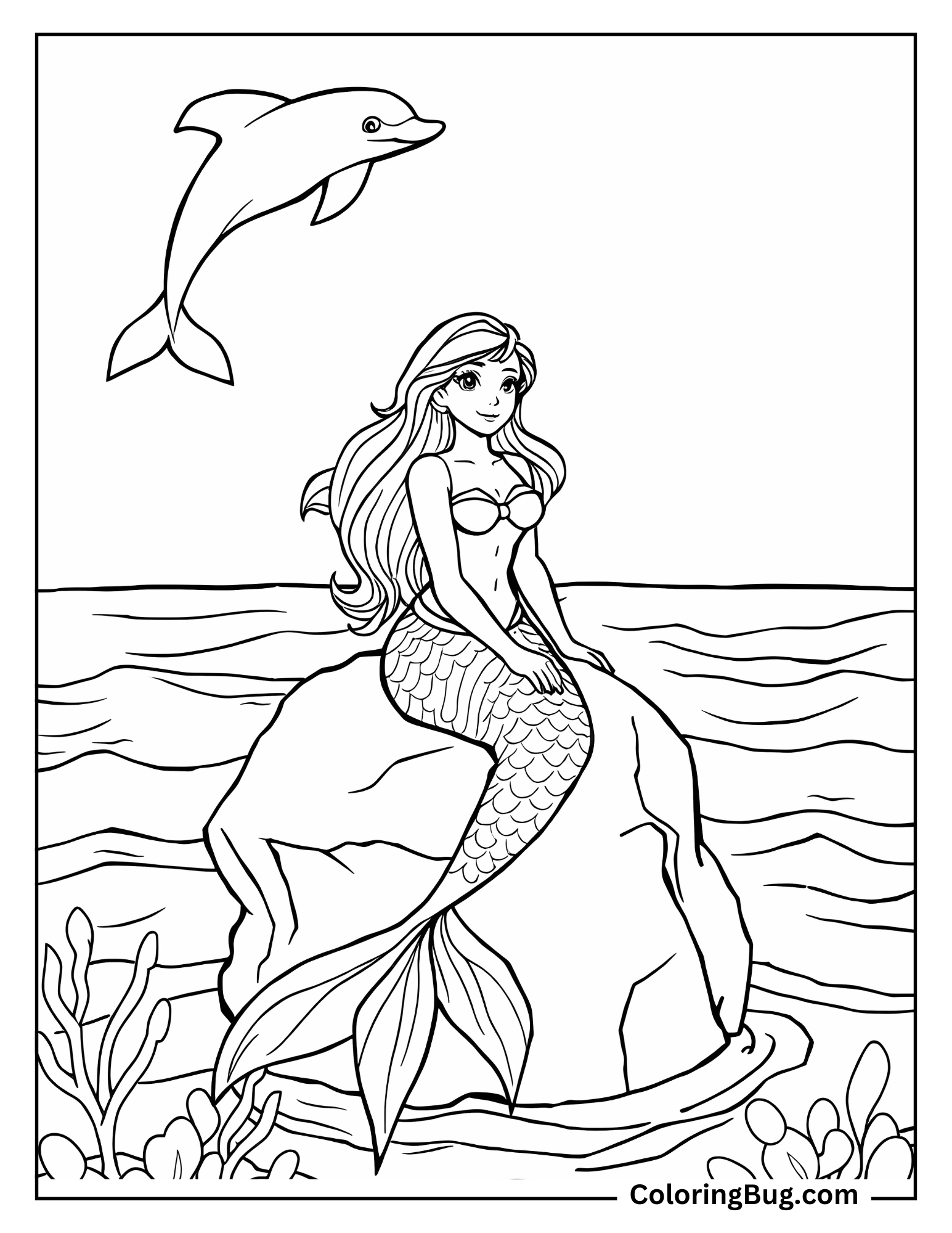 Mermaid Sitting on Rock While Dolphin Jumping Coloring Sheet