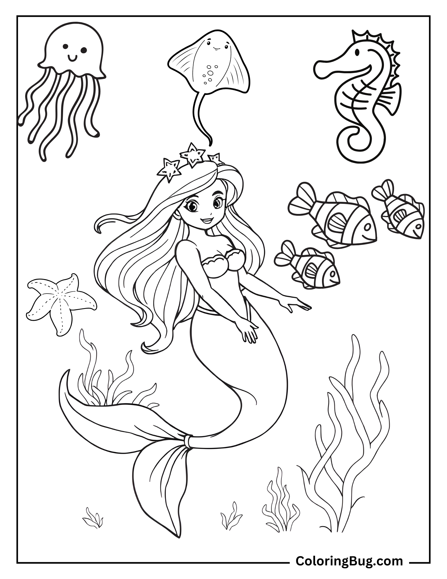 Mermaid Surrounded By Sea Animals Coloring Sheet