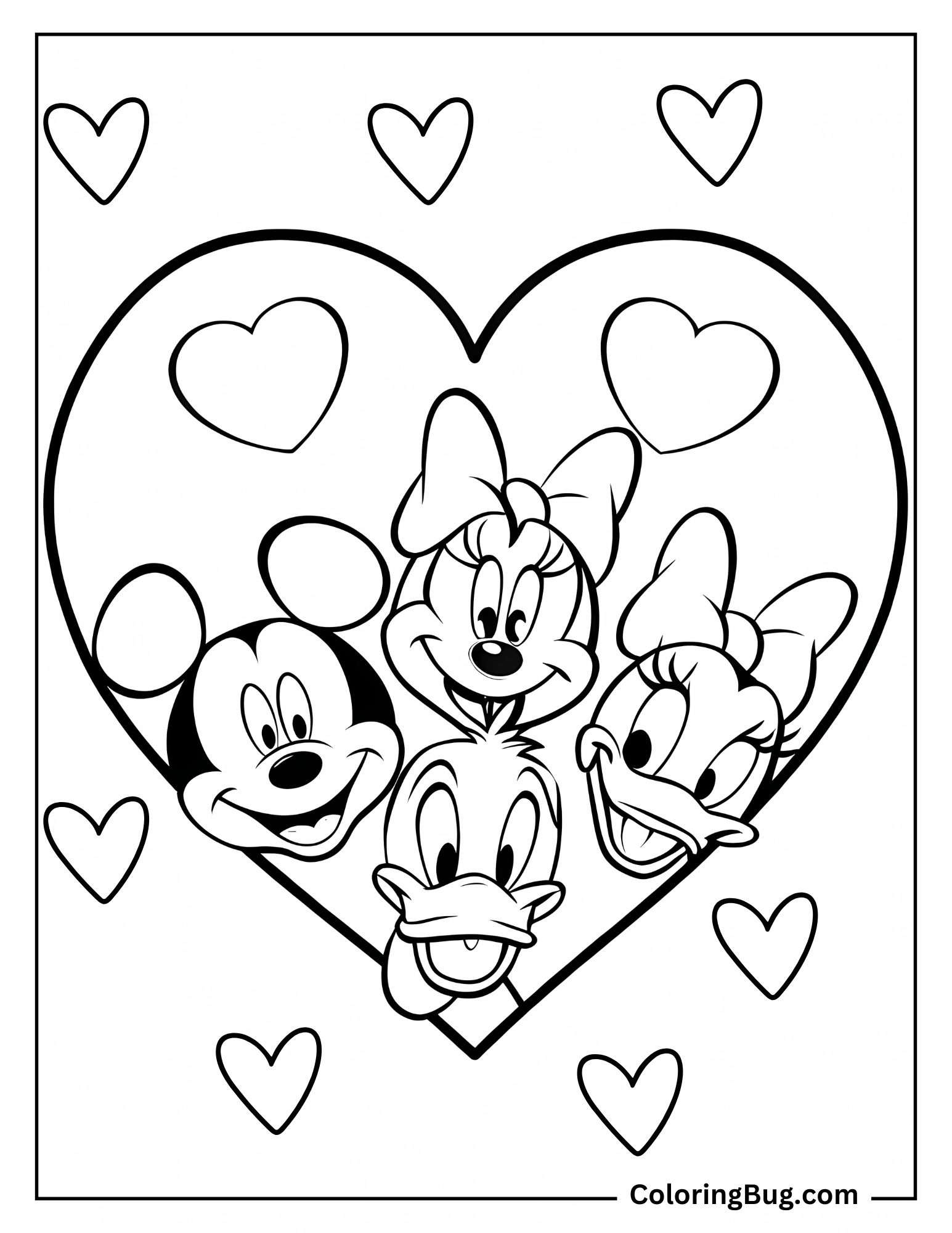 Mickey Mouse, Minnie Mouse, Donald Duck, Daisy Duck, in Heart Coloring Sheet