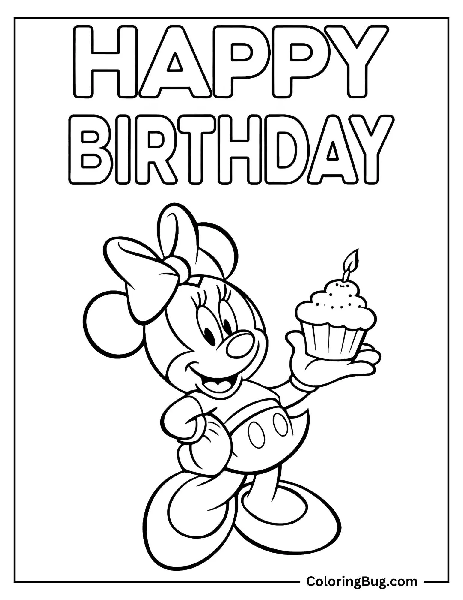 Minnie Mouse Holding Cup-Cake With Happy Birthday Text coloring Sheet