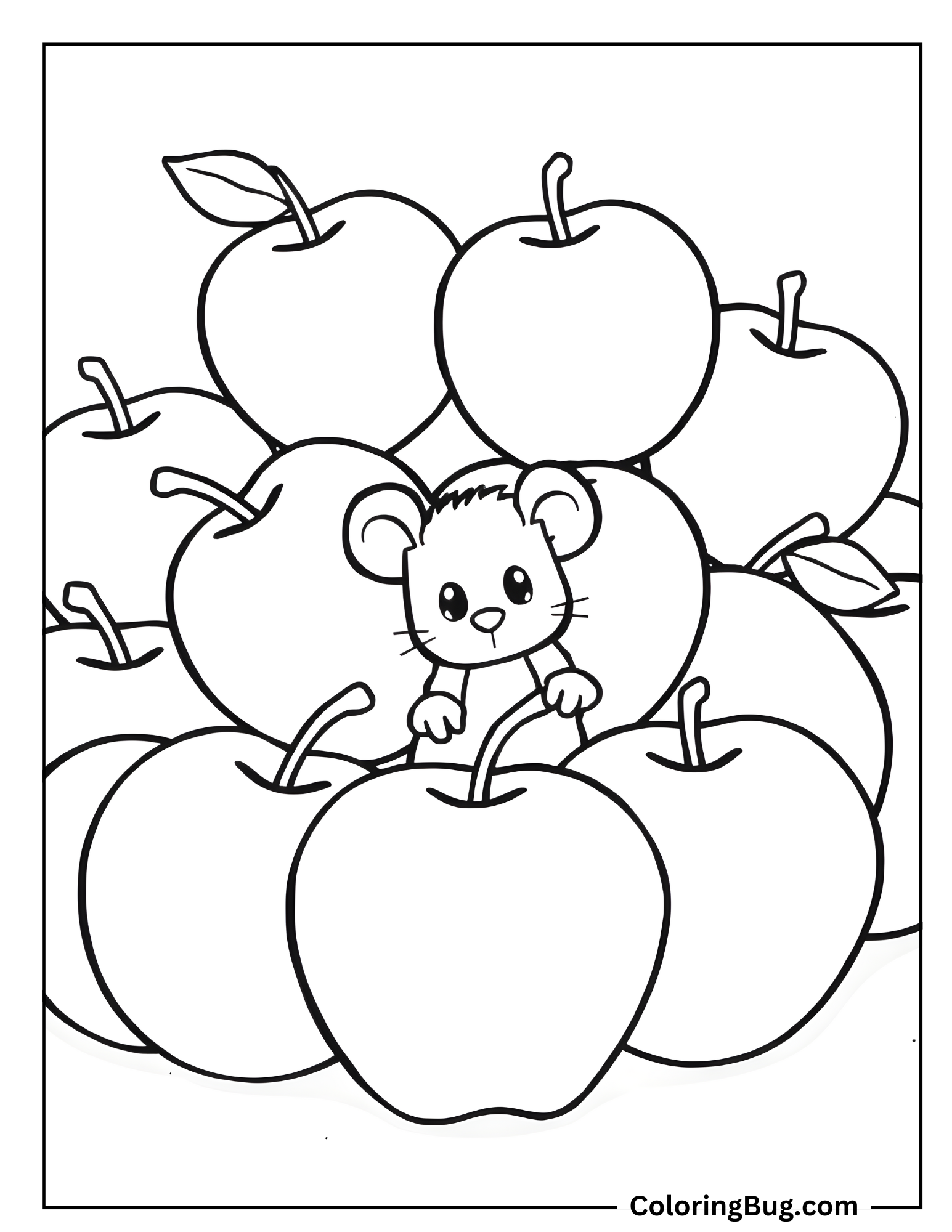 Mouse Hiding In The Pile Of Apples Coloring Sheet