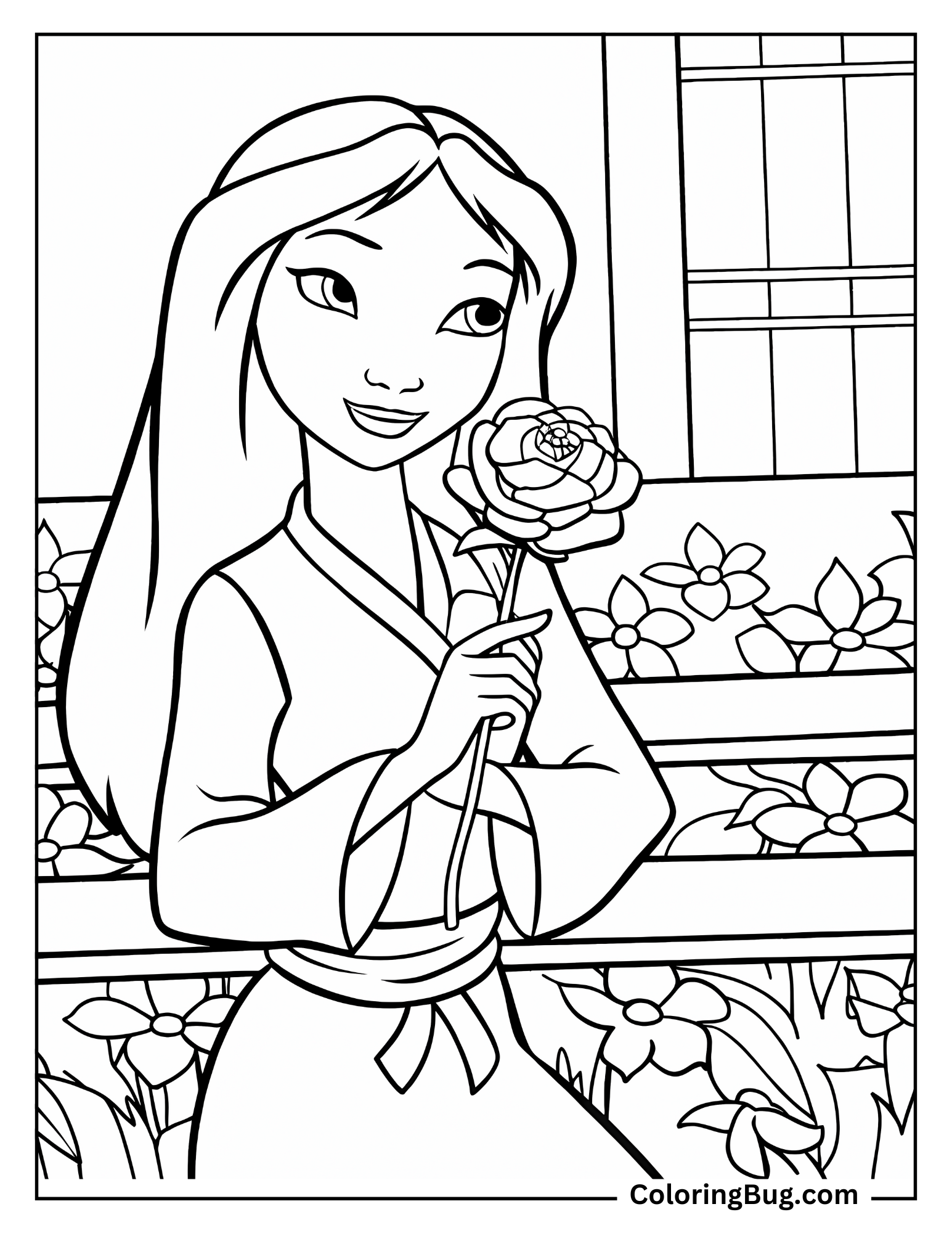 Mulan Holding Rose Coloring sheet