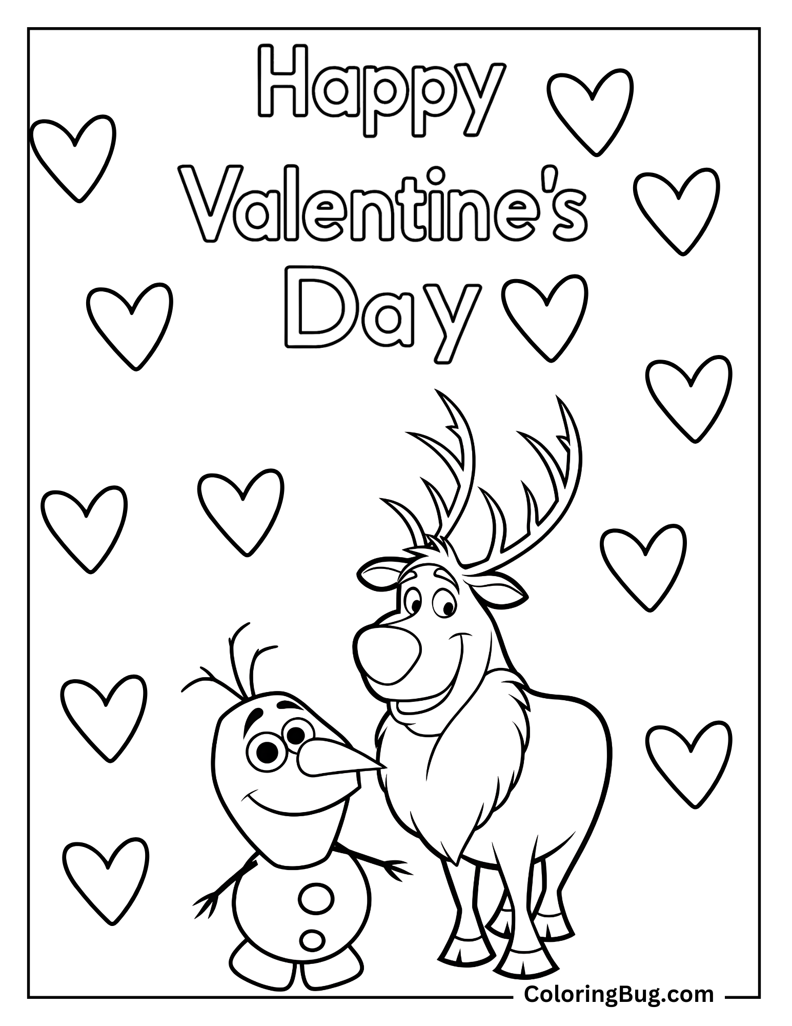 Olaf and Sven With Happy Valentine's Day Wording Coloring Sheet